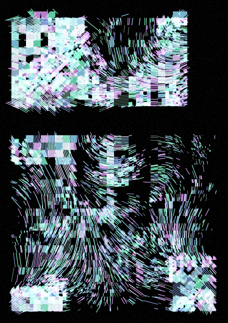 This collection is my own take on Flow-Fields, having not used them before but always admired them. I wanted to taken them in the direction of glitch combined with the lines I'm used to using on the pen plotter.