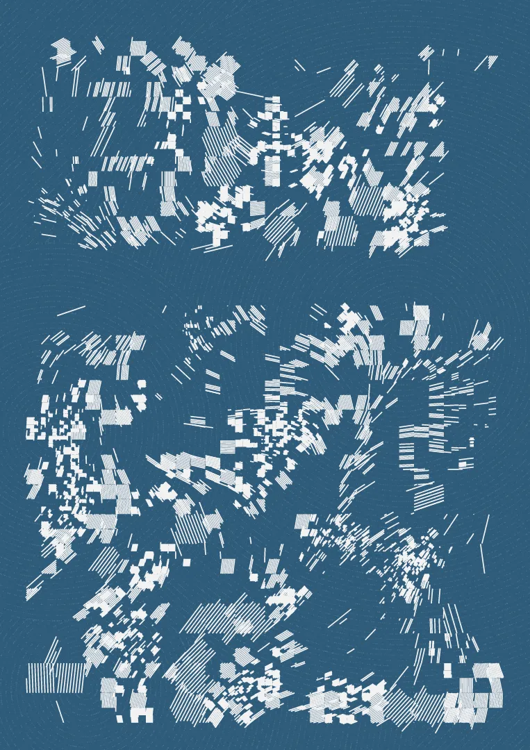 This collection is my own take on Flow-Fields, having not used them before but always admired them. I wanted to taken them in the direction of glitch combined with the lines I'm used to using on the pen plotter.