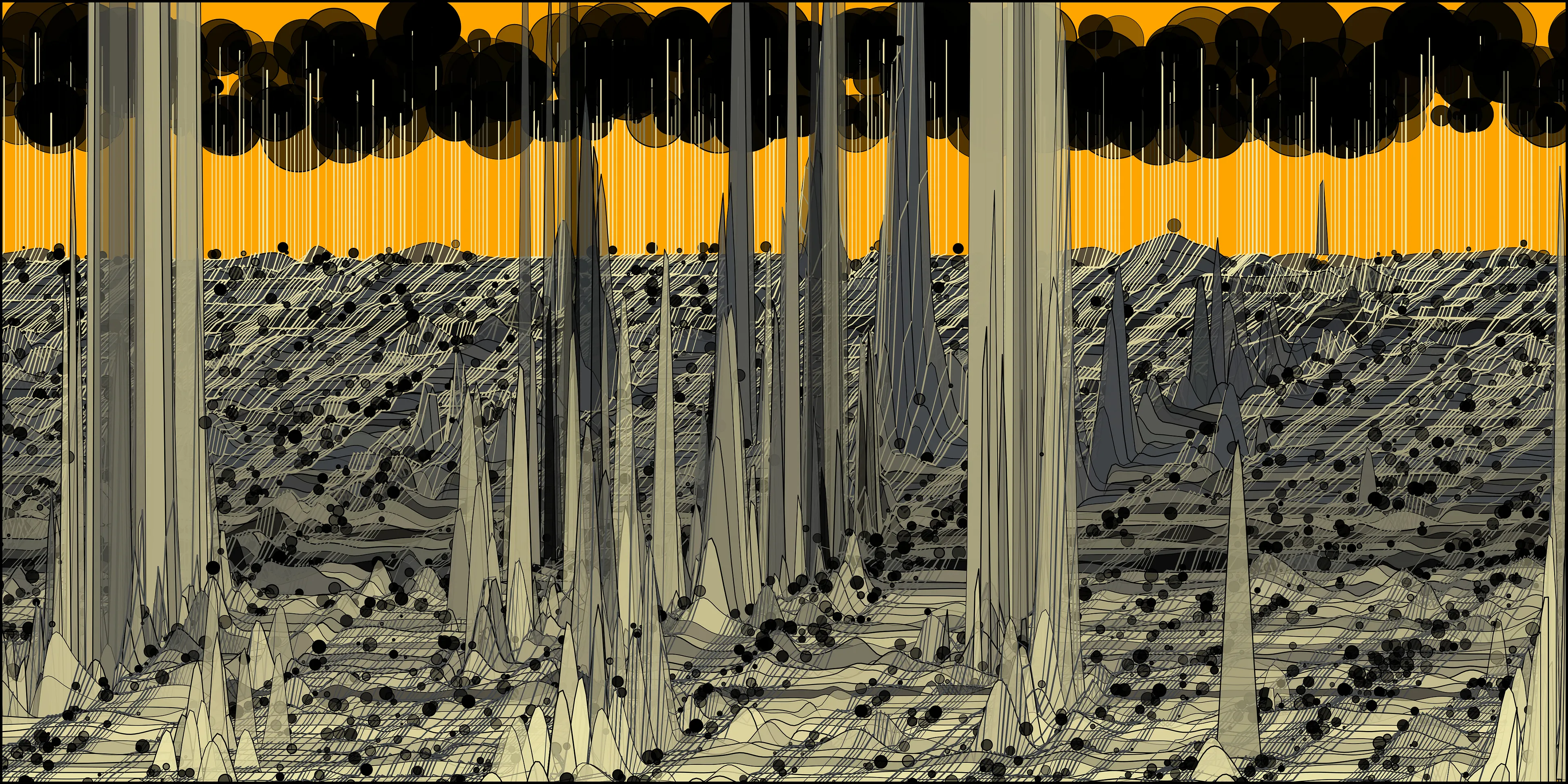 Super User is a series of generative artworks that include abstract pyroscapes, shadowy tunnels, shimmering surfaces, and golden moiré patterns with characteristically dark themes for Vaden. These images represent a world full of beauty and horror, created with statistical tools commonly used for scientific research. Carefully developed algorithms were used to create unique artwork each time that they were run, with output curated by the artist.
