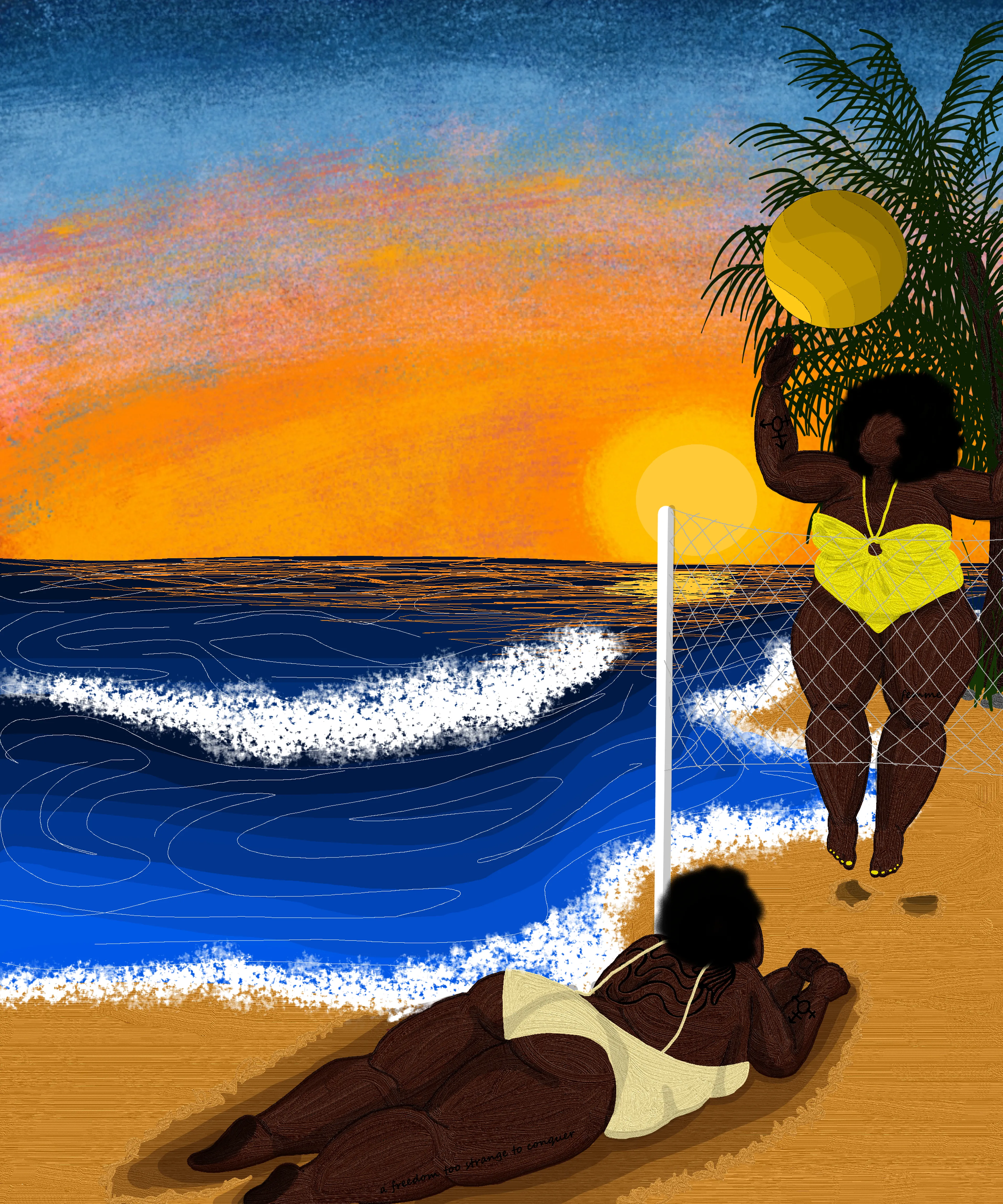 Mercy Thokozane Minah explores intimacy and its numerous forms in queer Black life. In Press Play, the self-taught South African artist pays homage to the intimacy of sport as a leisurely and rigorous cultural currency that connects people from all walks of life, emphasizing how it fortifies Black queer and trans communities.

The 20-piece collection of digital paintings - some combined with photographed skies - is a study of Black queer bodies in motion. Press Play posits how they interact with environments dedicated to play, what their relationship is to competition, how they orient themselves towards winning as well as the catharsis and pleasure of leisure.
