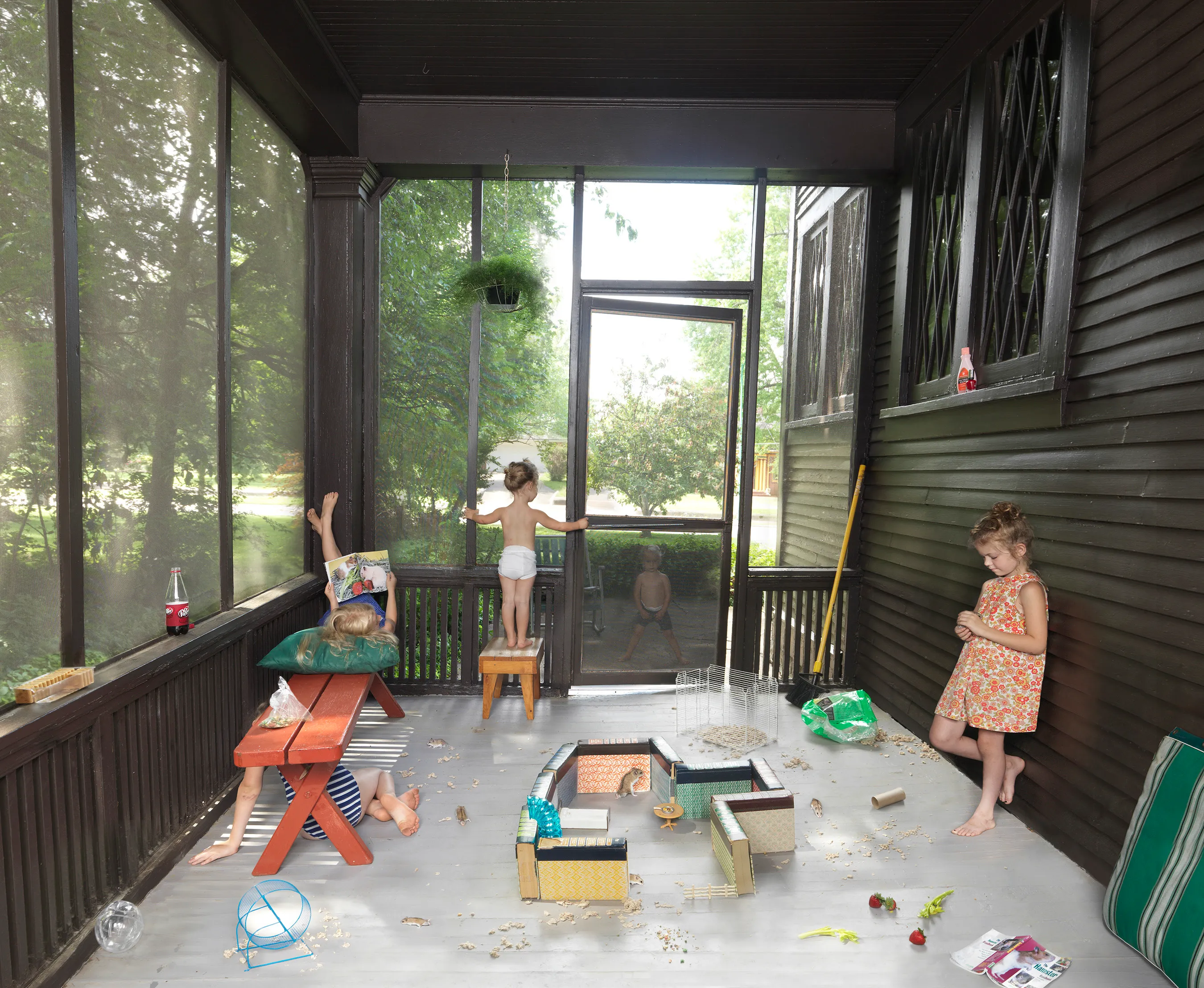 “I suppose I could make a work where the sun is shining, the mom is lying out in the grass, the kids are happy, and everything is perfect, but that wouldn’t interest me—and it wouldn’t be truthful. My aim is to create a more nuanced, subtly humorous and satirical portrait of the way we live today.” - Julie Blackmon

The playfully artful and chaotic elements present in the photographs of Julie Blackmon (American, b. 1966) are drawn from the everyday people and places of Blackmon’s daily routine in her hometown of Springfield, Missouri, which she describes as “a generic American town in the middle of the United States.” At first glance, the works may conjure backyard paradises of children at play; a closer look reveals children alone in backyards, garages, and neighborhoods, where the absence of adults suggests a looming potential for danger. The images brim with fantasy and subtle satire that capture a delicate balance between the darkness and charm of contemporary American life.

Blackmon carefully sets her scenes, but like film and theater
directors, she is in pursuit of unscripted moments that provoke,
disturb, and challenge the viewer. Some of the images reference
paintings by Dutch masters, French impressionists, and such modern painters as Hopper and Balthus, but they are updated with a satirical, penetrating eye and Blackmon’s belief that artful fiction can capture the truth more memorably than the truth itself.

#24
