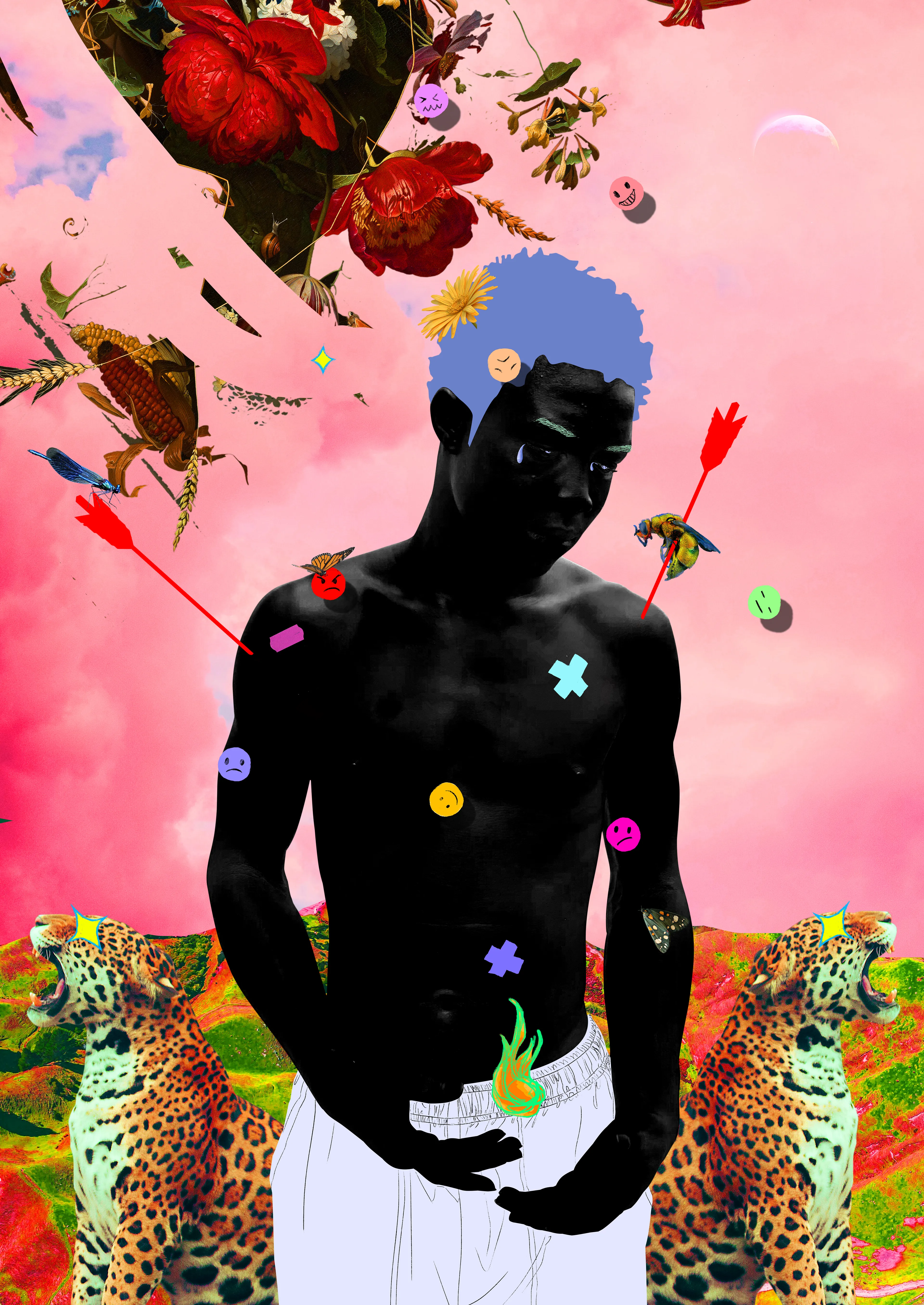 In Arclight’s newest body of work, LIMINAL SPACE, manipulated self-portraits and photographs of his brother take center stage in a series of digital paintings depicting the two young men involved in mundane activities: sipping coffee while listening to a good track, hanging out by a pool, calling a friend… The surreal treatment of these banal scenes inject a palpable feeling of nostalgia. 

Arrows and smileys symbolize a rollercoaster of emotions and disillusionment, while flowers convey his desire to bloom. Tigers embody his sense of being out of place, since the animals are not native to the African continent.

Arclight made those 20 unique pieces in an agitated period where time seems suspended until the upcoming elections: the artworks from LIMINAL SPACE invite the viewers to reminisce about brighter days. 