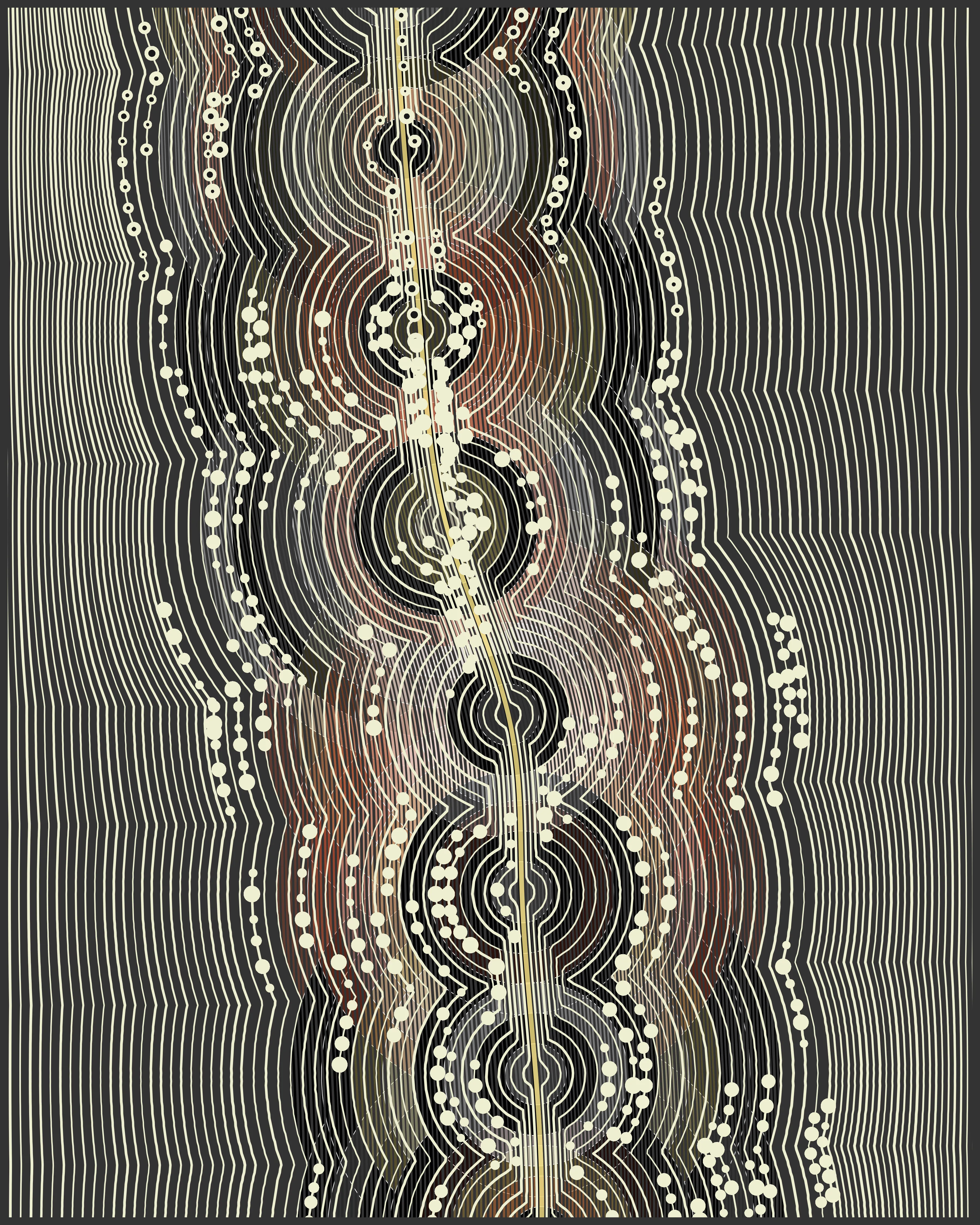 Super User is a series of generative artworks that include abstract pyroscapes, shadowy tunnels, shimmering surfaces, and golden moiré patterns with characteristically dark themes for Vaden. These images represent a world full of beauty and horror, created with statistical tools commonly used for scientific research. Carefully developed algorithms were used to create unique artwork each time that they were run, with output curated by the artist.