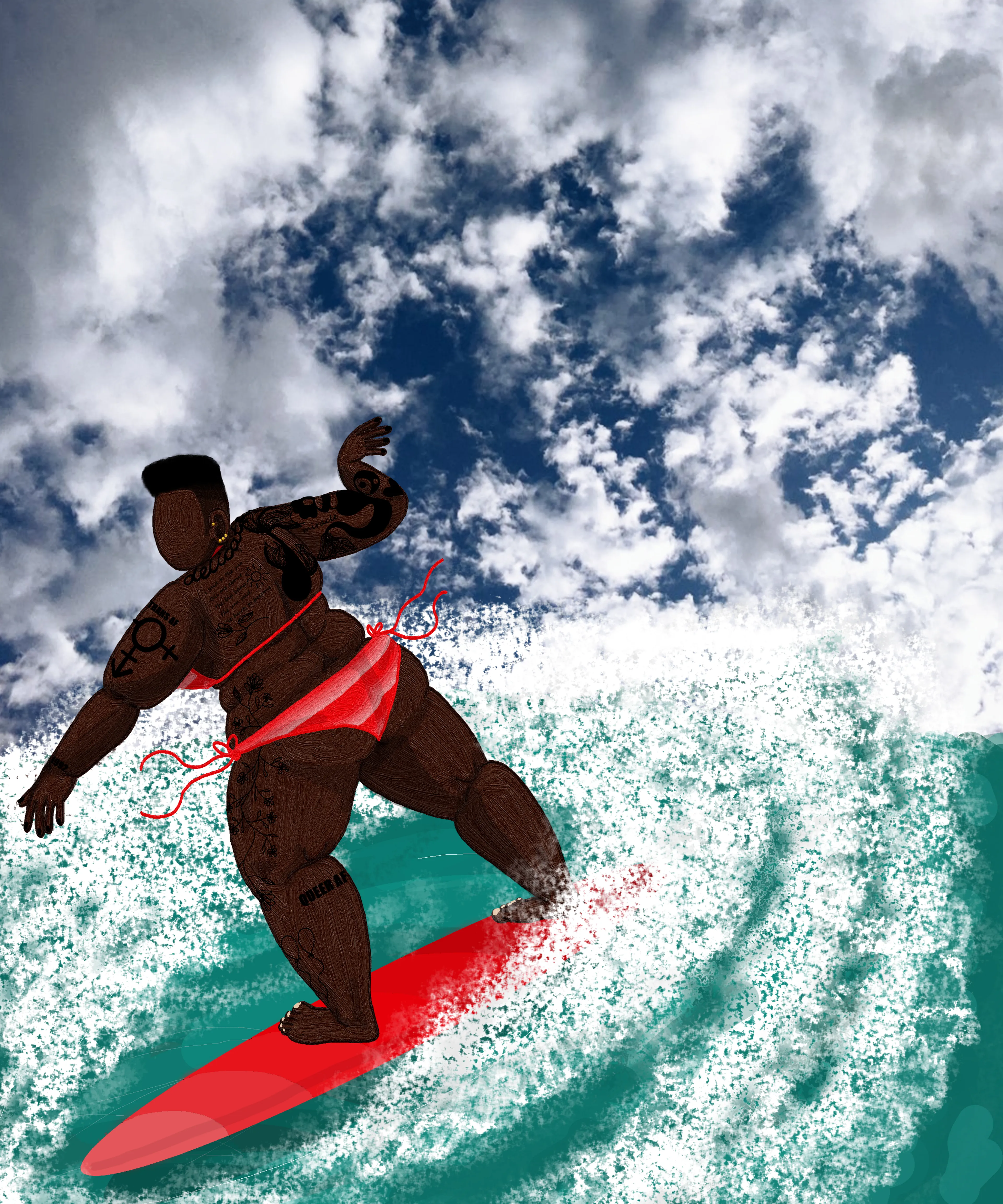 Mercy Thokozane Minah explores intimacy and its numerous forms in queer Black life. In Press Play, the self-taught South African artist pays homage to the intimacy of sport as a leisurely and rigorous cultural currency that connects people from all walks of life, emphasizing how it fortifies Black queer and trans communities.

The 20-piece collection of digital paintings - some combined with photographed skies - is a study of Black queer bodies in motion. Press Play posits how they interact with environments dedicated to play, what their relationship is to competition, how they orient themselves towards winning as well as the catharsis and pleasure of leisure.
