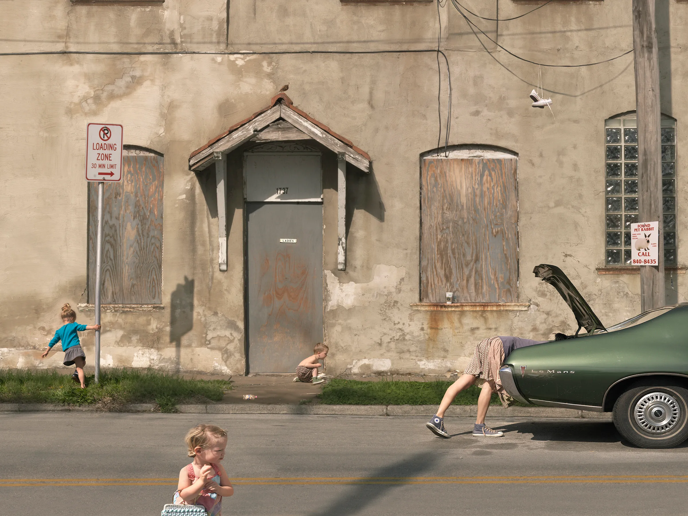 “I suppose I could make a work where the sun is shining, the mom is lying out in the grass, the kids are happy, and everything is perfect, but that wouldn’t interest me—and it wouldn’t be truthful. My aim is to create a more nuanced, subtly humorous and satirical portrait of the way we live today.” - Julie Blackmon

The playfully artful and chaotic elements present in the photographs of Julie Blackmon (American, b. 1966) are drawn from the everyday people and places of Blackmon’s daily routine in her hometown of Springfield, Missouri, which she describes as “a generic American town in the middle of the United States.” At first glance, the works may conjure backyard paradises of children at play; a closer look reveals children alone in backyards, garages, and neighborhoods, where the absence of adults suggests a looming potential for danger. The images brim with fantasy and subtle satire that capture a delicate balance between the darkness and charm of contemporary American life.

Blackmon carefully sets her scenes, but like film and theater
directors, she is in pursuit of unscripted moments that provoke,
disturb, and challenge the viewer. Some of the images reference
paintings by Dutch masters, French impressionists, and such modern painters as Hopper and Balthus, but they are updated with a satirical, penetrating eye and Blackmon’s belief that artful fiction can capture the truth more memorably than the truth itself.

#4