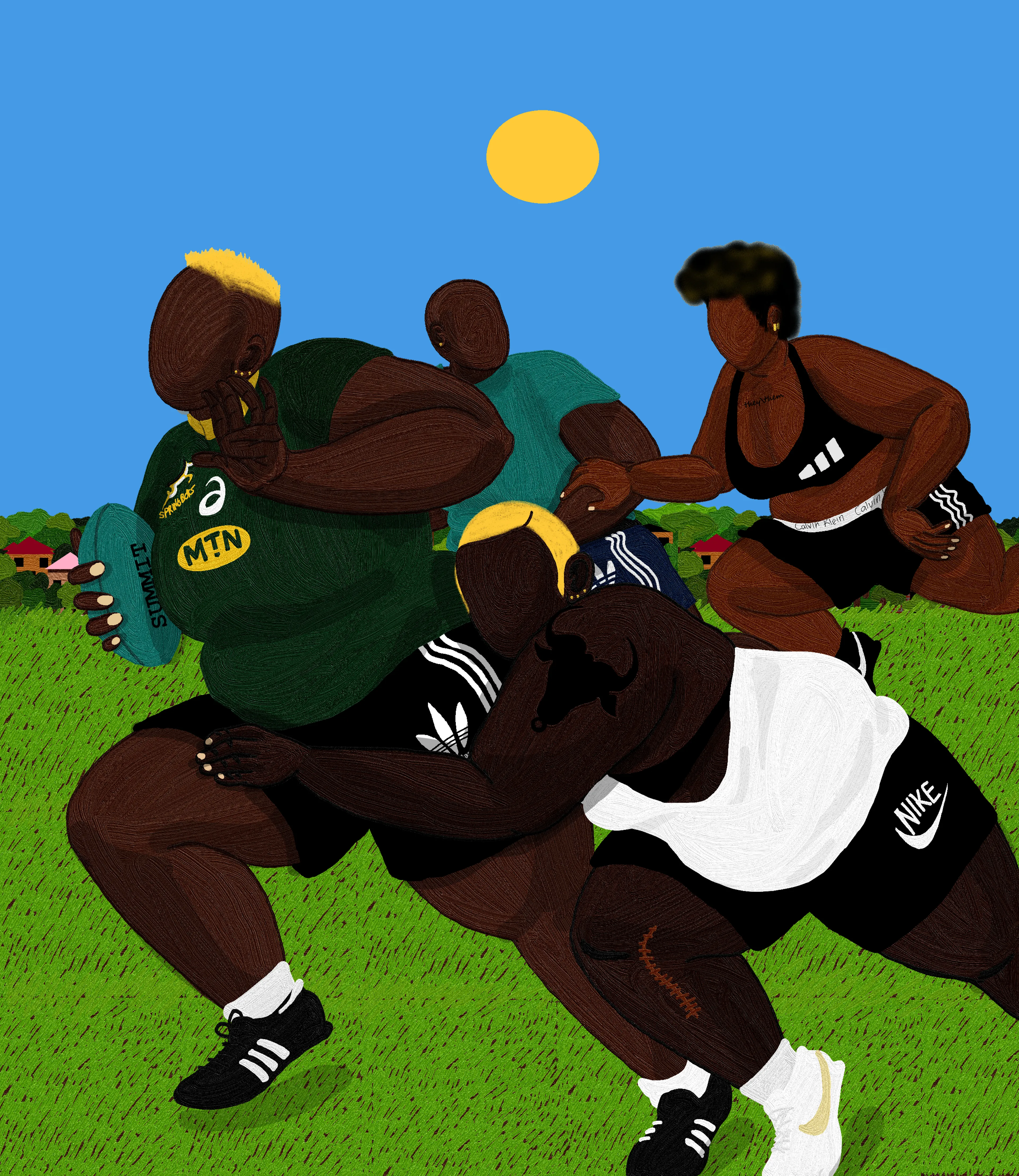 Mercy Thokozane Minah explores intimacy and its numerous forms in queer Black life. In Press Play, the self-taught South African artist pays homage to the intimacy of sport as a leisurely and rigorous cultural currency that connects people from all walks of life, emphasizing how it fortifies Black queer and trans communities.

The 20-piece collection of digital paintings - some combined with photographed skies - is a study of Black queer bodies in motion. Press Play posits how they interact with environments dedicated to play, what their relationship is to competition, how they orient themselves towards winning as well as the catharsis and pleasure of leisure.
