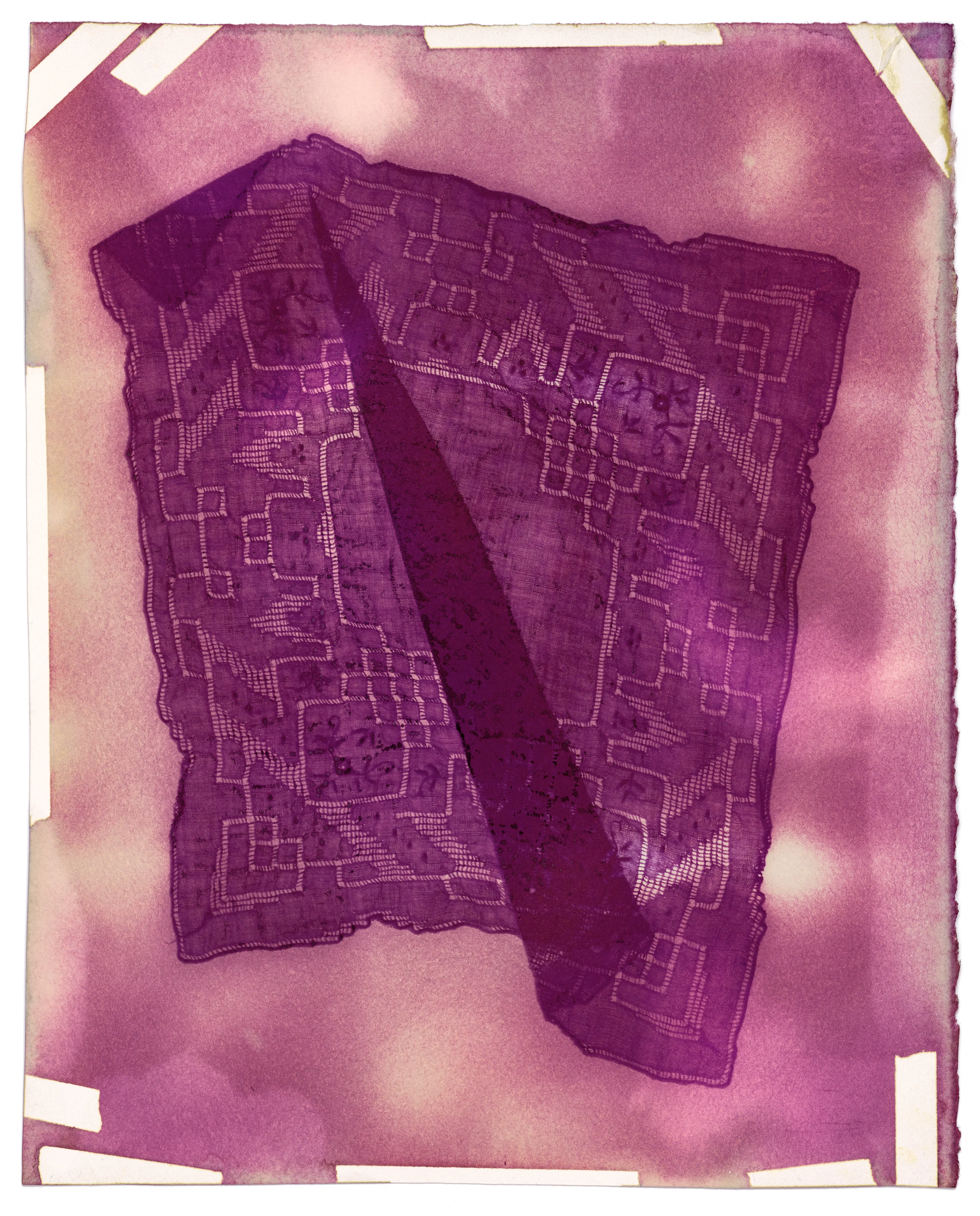 In No Feeling is Final, I confront collective and personal loss in the face of a global pandemic through a series of handmade, cameraless photograms. This work began as an experiment in how to make photographic art while at home with two small children during the early months of the pandemic. It grew into a 44ft installation at SFMOMA in the 2021 exhibition “Close to Home” curated by Corey Keller. Now, it has evolved into my first NFT collection. Each photogram was created by saturating rag paper with fugitive inks, then exposing it to direct sunlight for weeks on the roof of my San Francisco apartment. With these unlikely materials, I document the passage of time during a shared experience of loss.

Handkerchiefs are artifacts of personal health and hygiene. They are intimate objects that someone carried and used to absorb their body’s fluids - snot, sweat and tears. In another era, offering your handkerchief was a way of expressing compassion for someone else’s suffering. As the pandemic stretched on, and its impact grew, I began to see these vibrant imprints as representing the growing crowd of those we had lost. In contrast, the handkerchiefs become ever more imperfect and corporeal – worn, dyed black to block the sun, and then faded by exposure to it. The handkerchiefs are my negatives, both the source of the images and the remains of the process – shadow skins of the portraits they made.

By their very nature, loss and change are embedded in these original artworks. Exposure to light will eventually cause the fugitive inks to fade and disappear. Transforming them into an NFT collection and scattering them widely is intended as an act of communal preservation. This collection lives at the intersection of analog photography's impermanence and NFTs immateriality -- two mediums, both initially disregarded by the larger art world, and each with a uniquely troubled relationship to what we view as “real.” By trusting a virtual artwork to outlive its physical counterpart, I point to our own temporality and the chasm we inhabit between the physical and virtual worlds.

The series title comes from a 1905 Rainer Maria Rilke poem entitled “Go to the limits of your longing”
Let everything happen to you: beauty and terror.
Just keep going. No feeling is final.

Process: Fugitive ink photogram. Watercolor ink on rag paper, sunlight, time.
Dimensions: 14x11 inches
Date: 2020