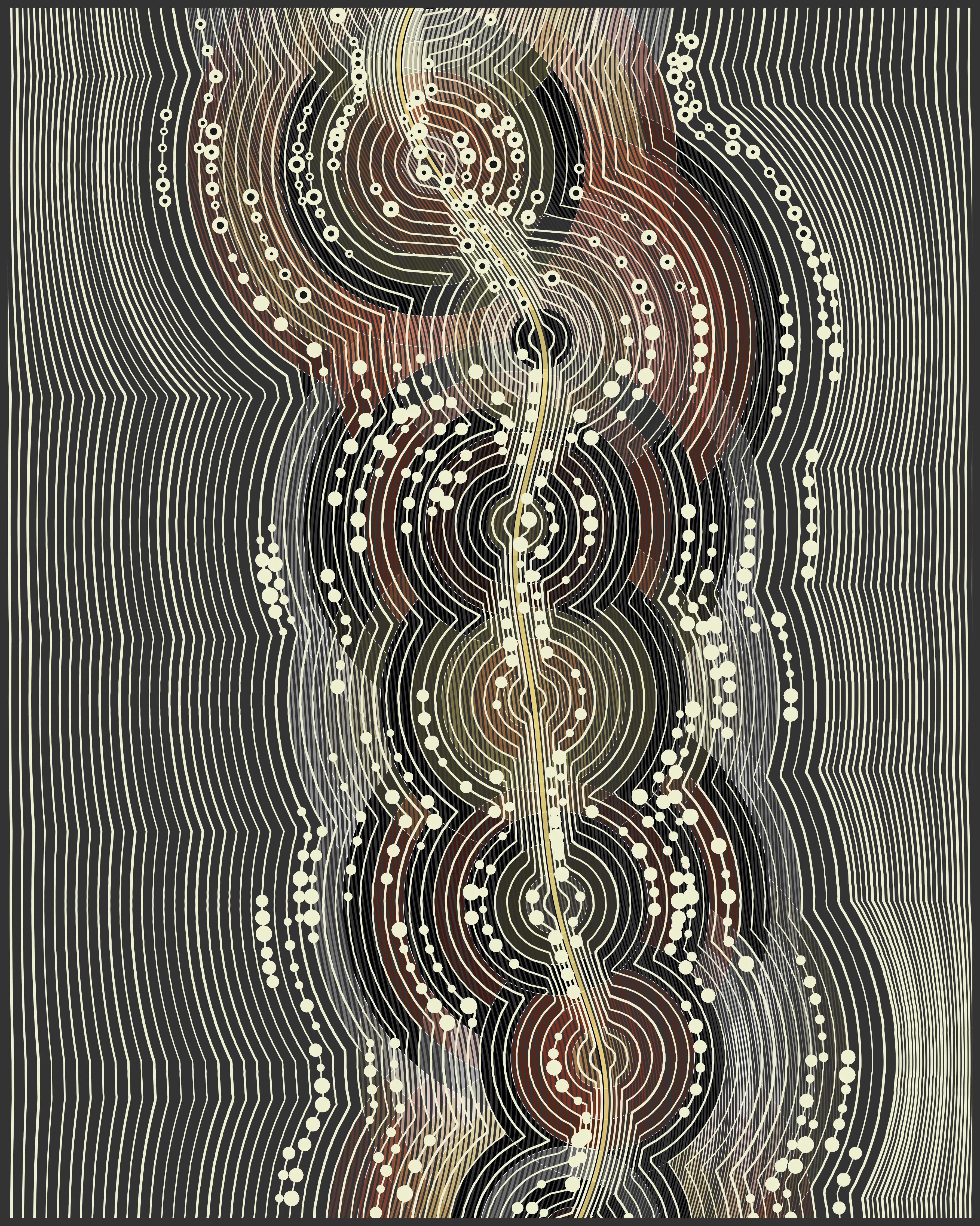 Super User is a series of generative artworks that include abstract pyroscapes, shadowy tunnels, shimmering surfaces, and golden moiré patterns with characteristically dark themes for Vaden. These images represent a world full of beauty and horror, created with statistical tools commonly used for scientific research. Carefully developed algorithms were used to create unique artwork each time that they were run, with output curated by the artist.