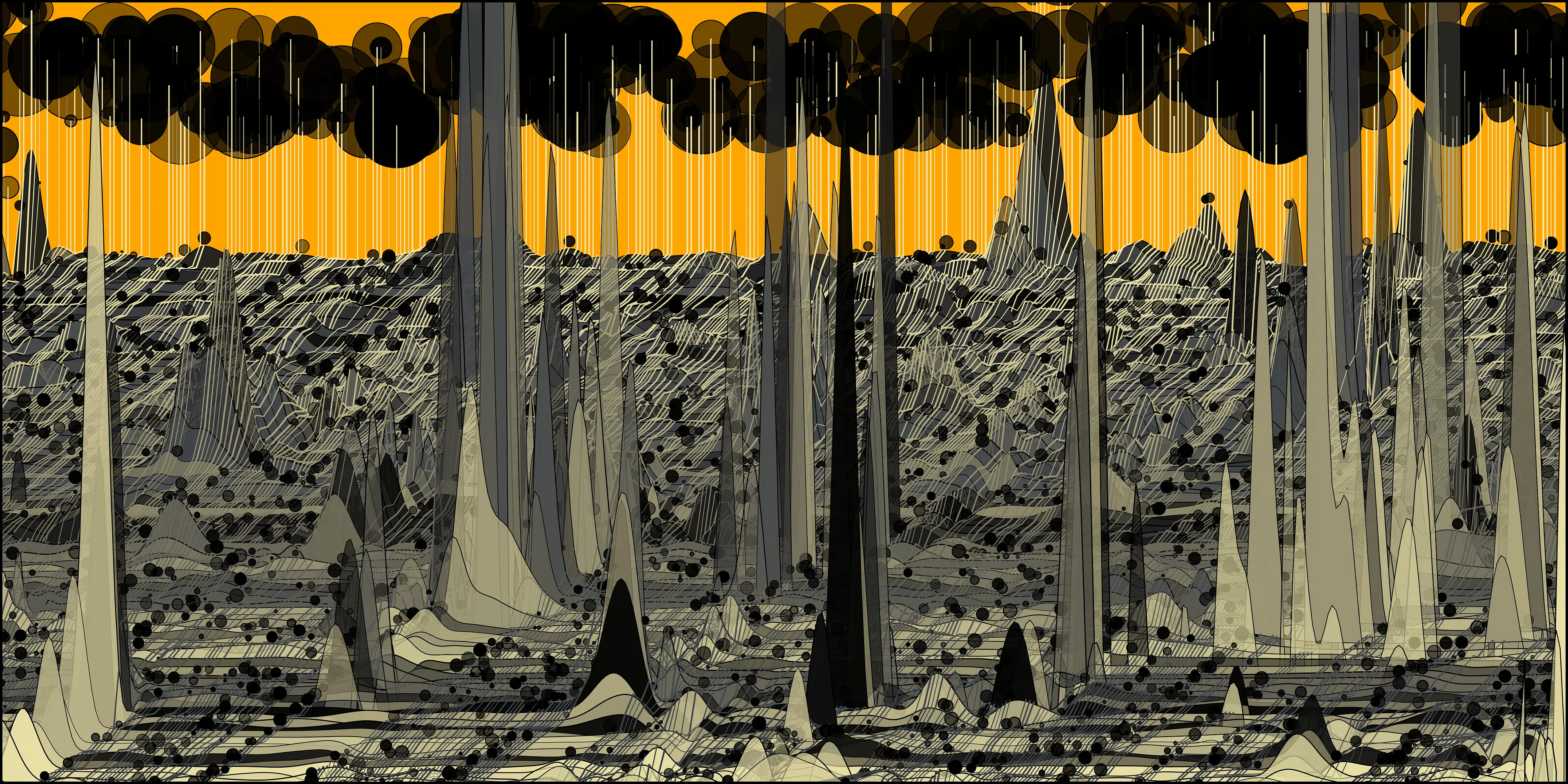 Super User is a series of generative artworks that include abstract pyroscapes, shadowy tunnels, shimmering surfaces, and golden moiré patterns with characteristically dark themes for Vaden. These images represent a world full of beauty and horror, created with statistical tools commonly used for scientific research. Carefully developed algorithms were used to create unique artwork each time that they were run, with output curated by the artist.
