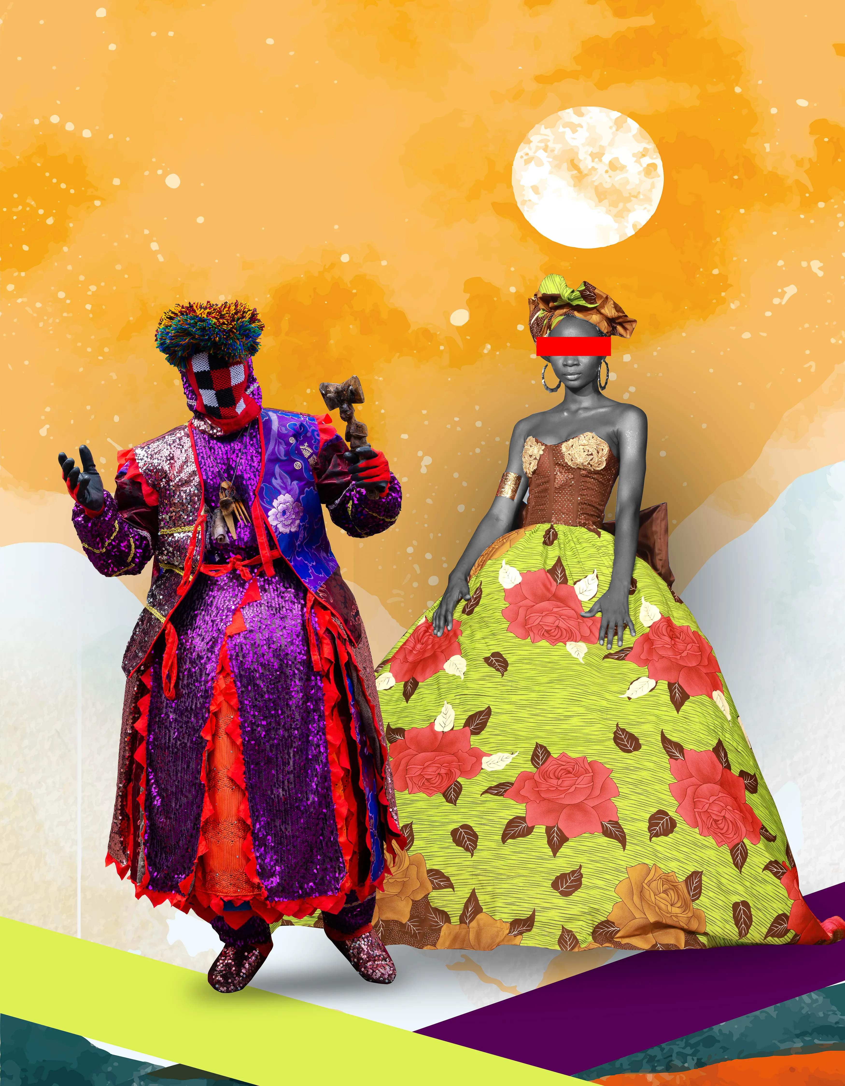 This body of work interrogates how belief systems, tradition, and culture shape the way people dress. “Spiritually Fashionable” brings the couture of Egúngún a fancifully masked figure at the heart of the traditional religion and culture of the Yorùbá people of West Africa into sharp relief in a way that is critical and innovative. While most people think of the Egúngún only in extraordinary, spiritual terms as the object of Yorùbá ancestor reverence, Omokanye juxtaposes it with regular African models provoking his audience to visualize the ‘masquerade’ as a fashion spectacle. Thinking of the Egúngún in this way forces us to critically re-evaluate our definitions of what constitutes indigenous fashion, native fabric, traditional style and local attire. It also compels us to consider the reality and mechanics of this kind of ‘esoteric fashion’ that is reserved for only a closed group. The series demonstrates how elements of culture, such as traditional religious practices and dominant notions of beauty, grooming, and embellishment, influence fashion styles.
