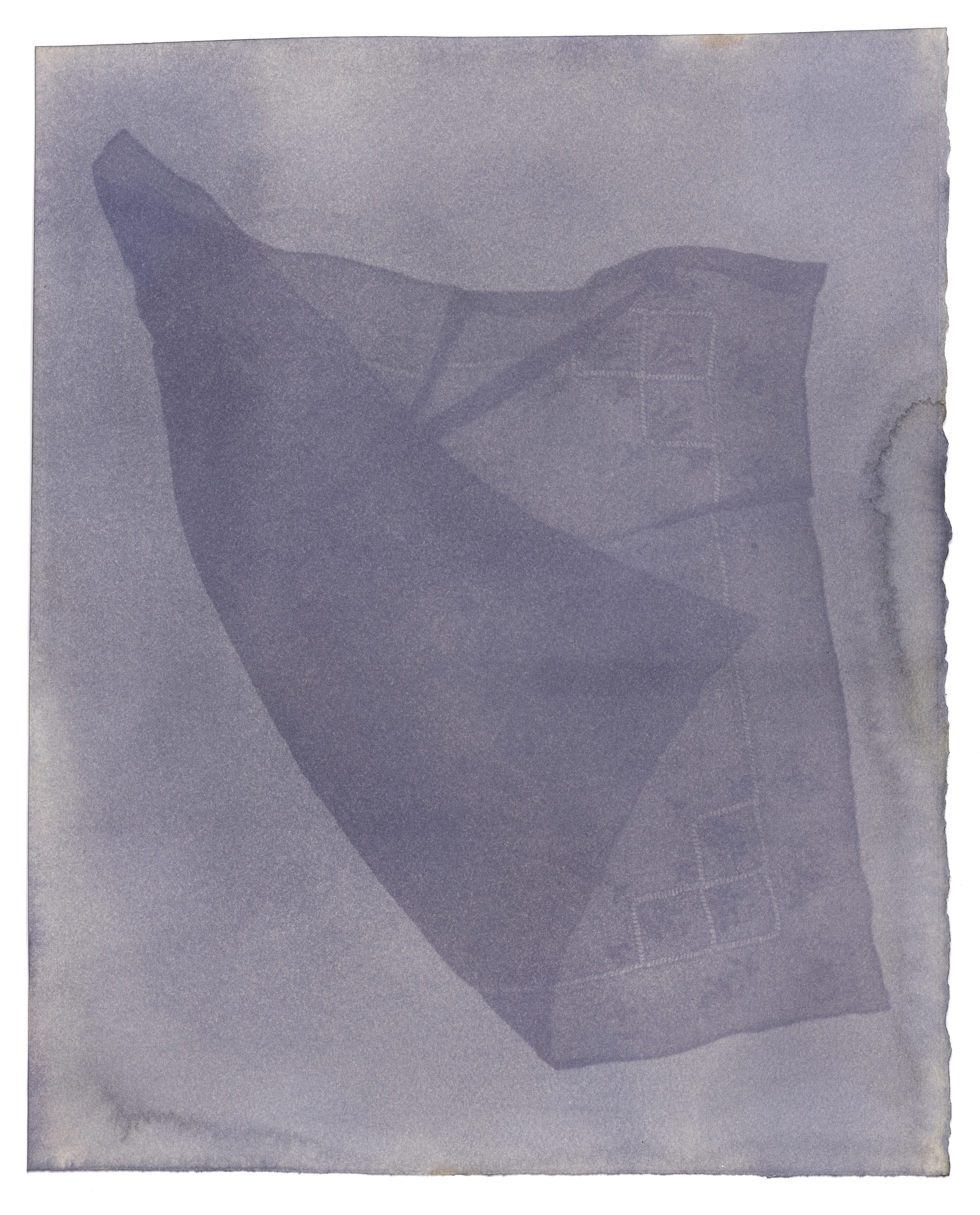 In No Feeling is Final, I confront collective and personal loss in the face of a global pandemic through a series of handmade, cameraless photograms. This work began as an experiment in how to make photographic art while at home with two small children during the early months of the pandemic. It grew into a 44ft installation at SFMOMA in the 2021 exhibition “Close to Home” curated by Corey Keller. Now, it has evolved into my first NFT collection. Each photogram was created by saturating rag paper with fugitive inks, then exposing it to direct sunlight for weeks on the roof of my San Francisco apartment. With these unlikely materials, I document the passage of time during a shared experience of loss.

Handkerchiefs are artifacts of personal health and hygiene. They are intimate objects that someone carried and used to absorb their body’s fluids - snot, sweat and tears. In another era, offering your handkerchief was a way of expressing compassion for someone else’s suffering. As the pandemic stretched on, and its impact grew, I began to see these vibrant imprints as representing the growing crowd of those we had lost. In contrast, the handkerchiefs become ever more imperfect and corporeal – worn, dyed black to block the sun, and then faded by exposure to it. The handkerchiefs are my negatives, both the source of the images and the remains of the process – shadow skins of the portraits they made.

By their very nature, loss and change are embedded in these original artworks. Exposure to light will eventually cause the fugitive inks to fade and disappear. Transforming them into an NFT collection and scattering them widely is intended as an act of communal preservation. This collection lives at the intersection of analog photography's impermanence and NFTs immateriality -- two mediums, both initially disregarded by the larger art world, and each with a uniquely troubled relationship to what we view as “real.” By trusting a virtual artwork to outlive its physical counterpart, I point to our own temporality and the chasm we inhabit between the physical and virtual worlds.

The series title comes from a 1905 Rainer Maria Rilke poem entitled “Go to the limits of your longing”
Let everything happen to you: beauty and terror.
Just keep going. No feeling is final.

Process: Fugitive ink photogram. Watercolor ink on rag paper, sunlight, time.
Dimensions: 14x11 inches
Date: 2020
