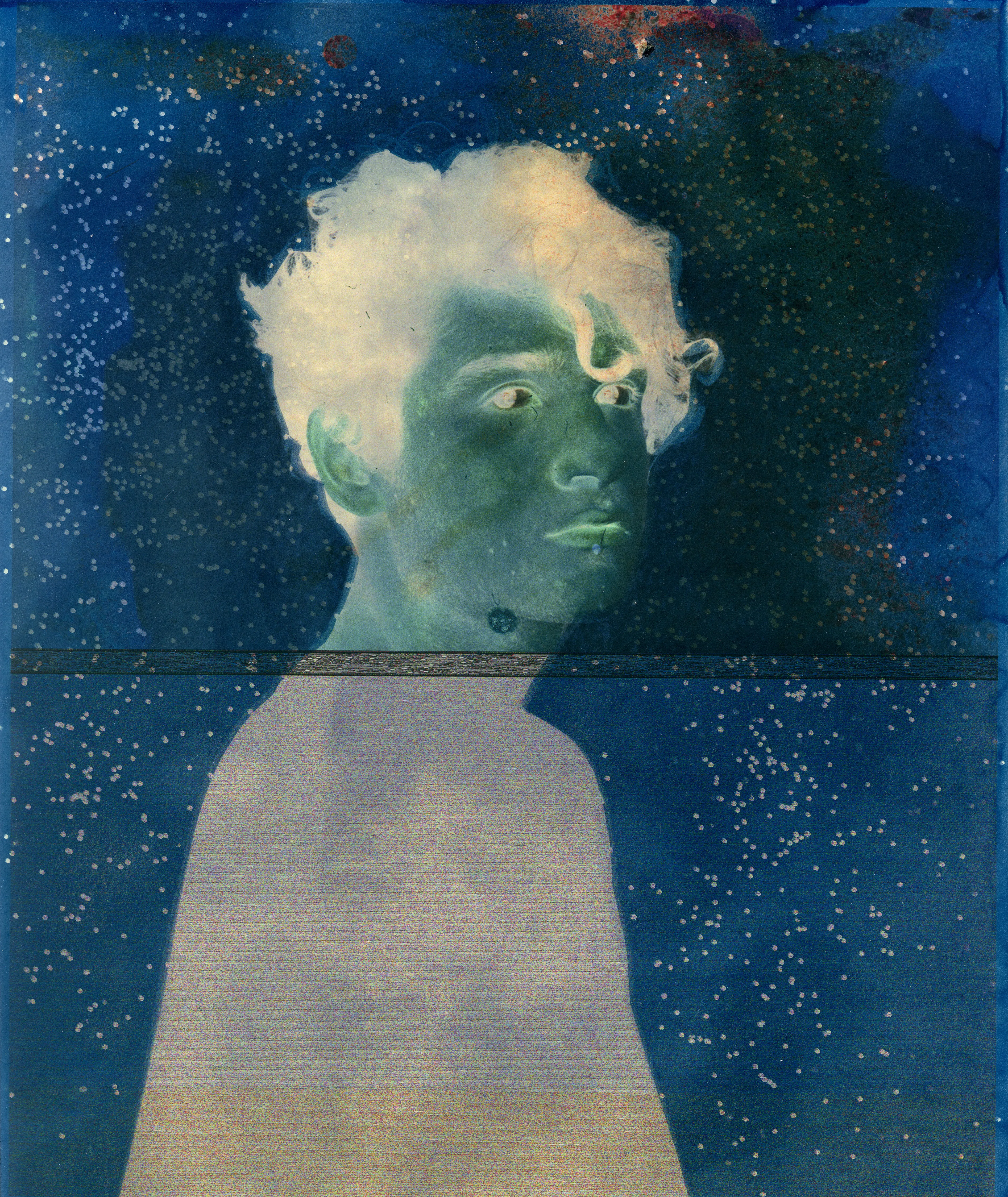 Fugue State Revisited, is an on-going exploration of the future legacies of photography, with a focus on the life span of digital files. After the loss of a hard drive that held 20 years of analog scans, I received only half the files back in recovery. The rest of the files were corrupted, each totally unique in how the machine damages and reinterprets the pixels. This alarming result made me begin to consider ever-shifting digital platforms and file formats, and I realized that much of the data we produce today could eventually fall into a black hole of inaccessibility. The Getty Research Institute states, “While you are still able to view family photographs printed over 100 years ago, a CD with digital files on it from only 10 years ago might be unreadable because of rapid changes to software and the devices we use to access digital content.”

As an analog photographer, rather than let the machine have the last word, I have cyanotyped over my damaged digital scans. I use silhouettes of portraits from my archives as a way to conceal and reveal the corruption. By using historical processes to create a physical object, I guarantee that this image will not be lost in the current clash between the digital file and the materiality of a photographic print. 

Fugue State Revisited calls attention to the fact that today’s digital files may not retain their original state, or even exist, in the next century. As we are reliant on technology to keep our images intact for future generations, it begs the question, who will maintain our hard drives after we are gone? Will we be able to conserve photographs that speak to family histories? These are important considerations for our visual futures, as we may be leaving behind photographs that will be reimagined by machines.
