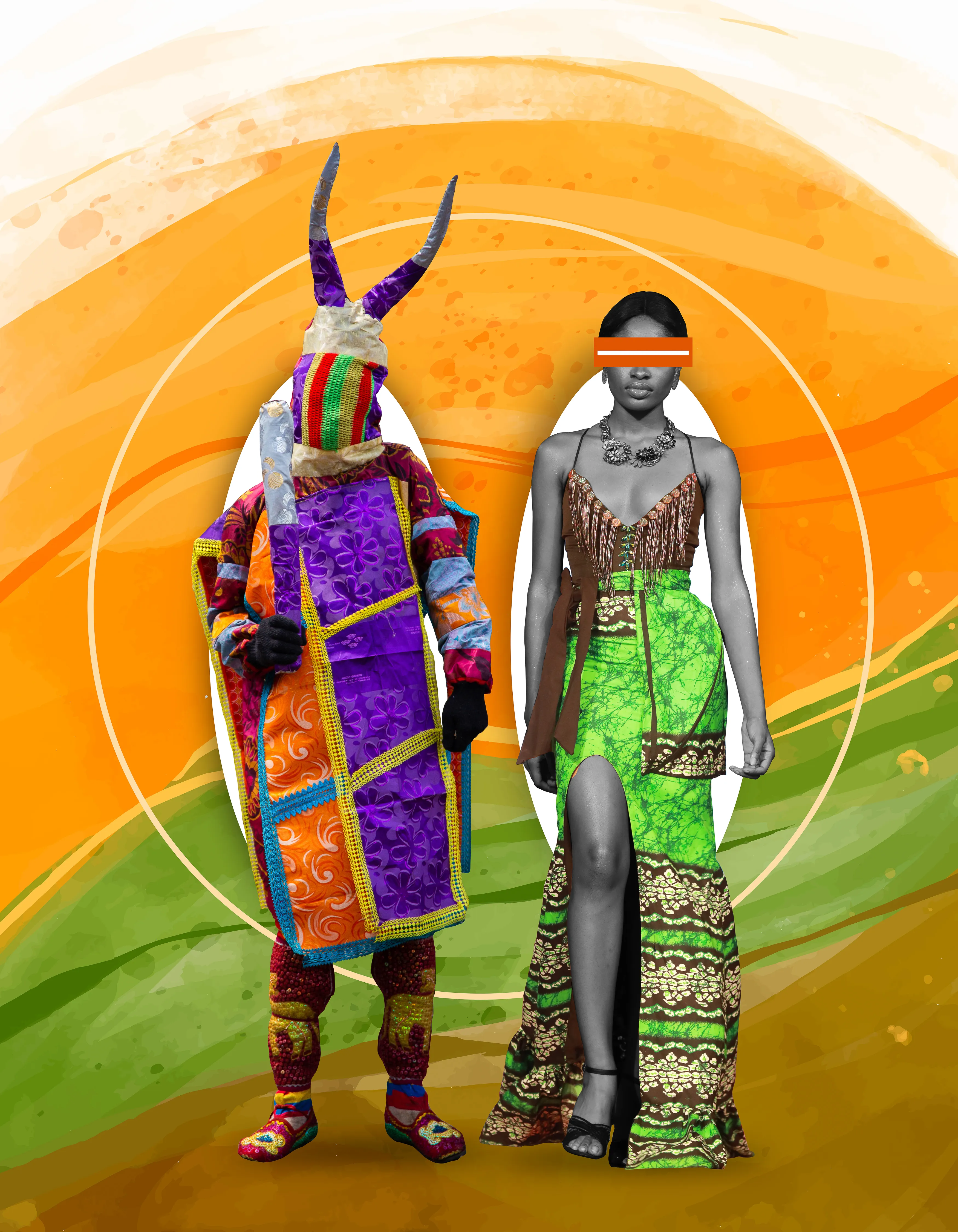 This body of work interrogates how belief systems, tradition, and culture shape the way people dress. “Spiritually Fashionable” brings the couture of Egúngún a fancifully masked figure at the heart of the traditional religion and culture of the Yorùbá people of West Africa into sharp relief in a way that is critical and innovative. While most people think of the Egúngún only in extraordinary, spiritual terms as the object of Yorùbá ancestor reverence, Omokanye juxtaposes it with regular African models provoking his audience to visualize the ‘masquerade’ as a fashion spectacle. Thinking of the Egúngún in this way forces us to critically re-evaluate our definitions of what constitutes indigenous fashion, native fabric, traditional style and local attire. It also compels us to consider the reality and mechanics of this kind of ‘esoteric fashion’ that is reserved for only a closed group. The series demonstrates how elements of culture, such as traditional religious practices and dominant notions of beauty, grooming, and embellishment, influence fashion styles.