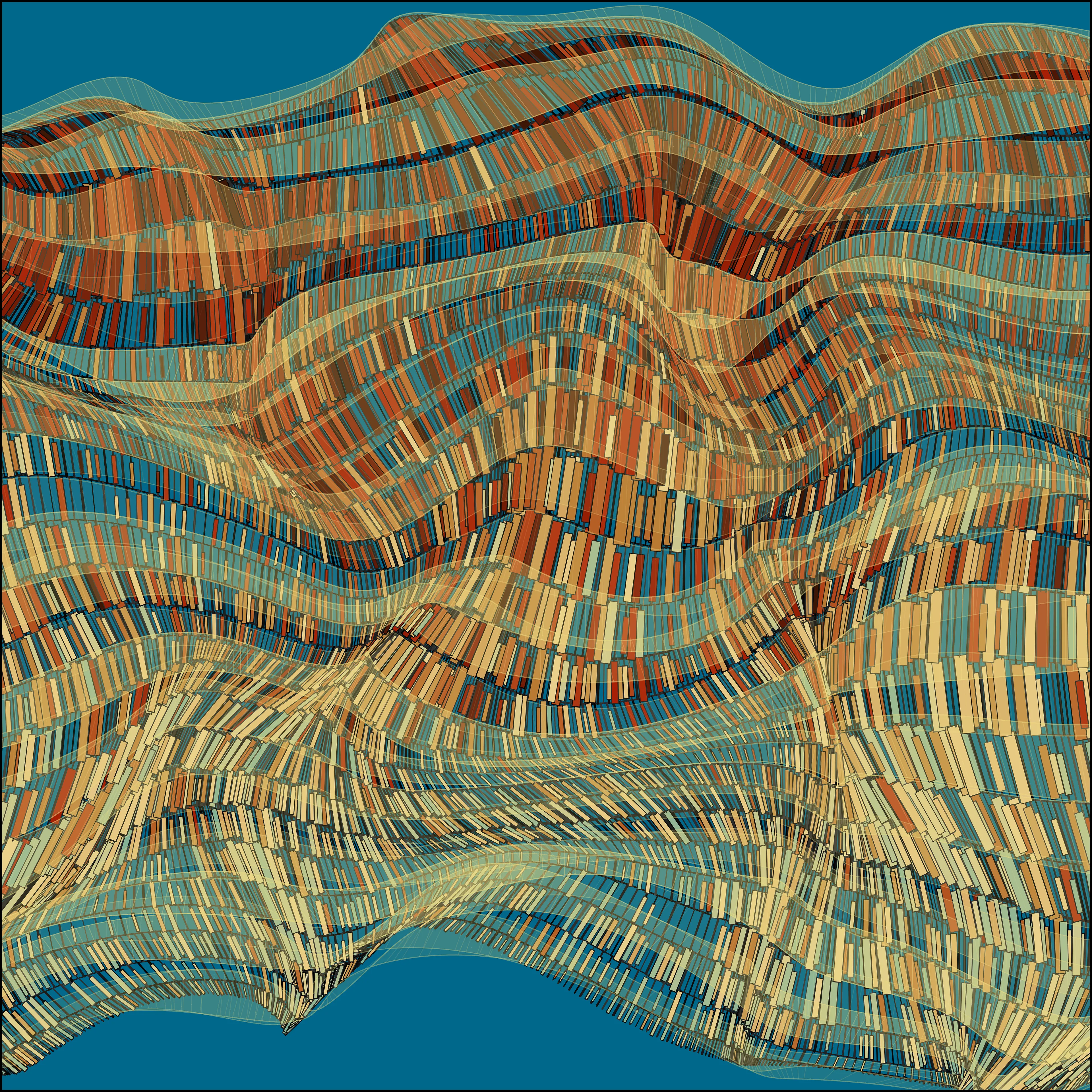 Super User is a series of generative artworks that include abstract pyroscapes, shadowy tunnels, shimmering surfaces, and golden moiré patterns with characteristically dark themes for Vaden. These images represent a world full of beauty and horror, created with statistical tools commonly used for scientific research. Carefully developed algorithms were used to create unique artwork each time that they were run, with output curated by the artist.