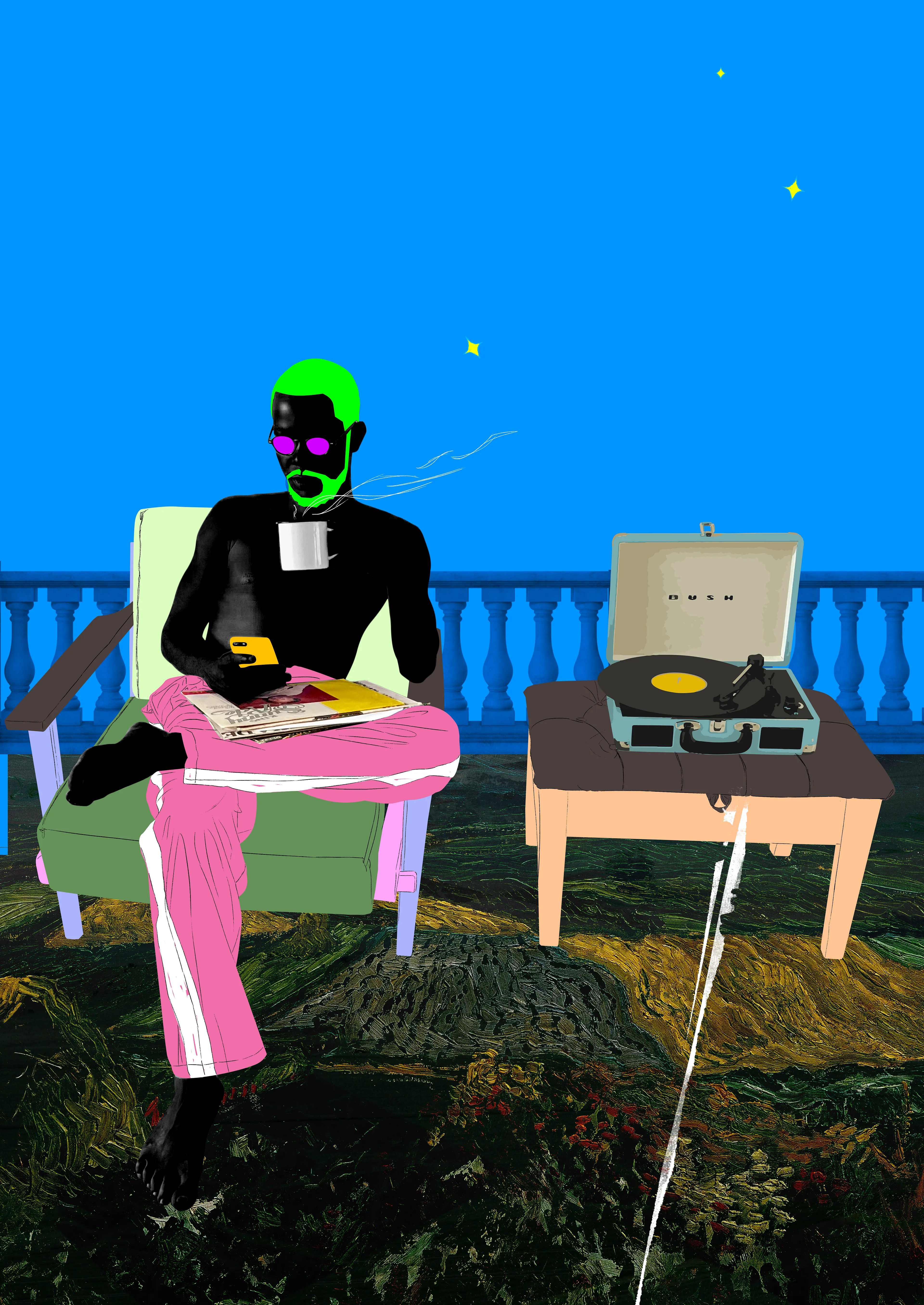In Arclight’s newest body of work, LIMINAL SPACE, manipulated self-portraits and photographs of his brother take center stage in a series of digital paintings depicting the two young men involved in mundane activities: sipping coffee while listening to a good track, hanging out by a pool, calling a friend… The surreal treatment of these banal scenes inject a palpable feeling of nostalgia. 

Arrows and smileys symbolize a rollercoaster of emotions and disillusionment, while flowers convey his desire to bloom. Tigers embody his sense of being out of place, since the animals are not native to the African continent.

Arclight made those 20 unique pieces in an agitated period where time seems suspended until the upcoming elections: the artworks from LIMINAL SPACE invite the viewers to reminisce about brighter days. 