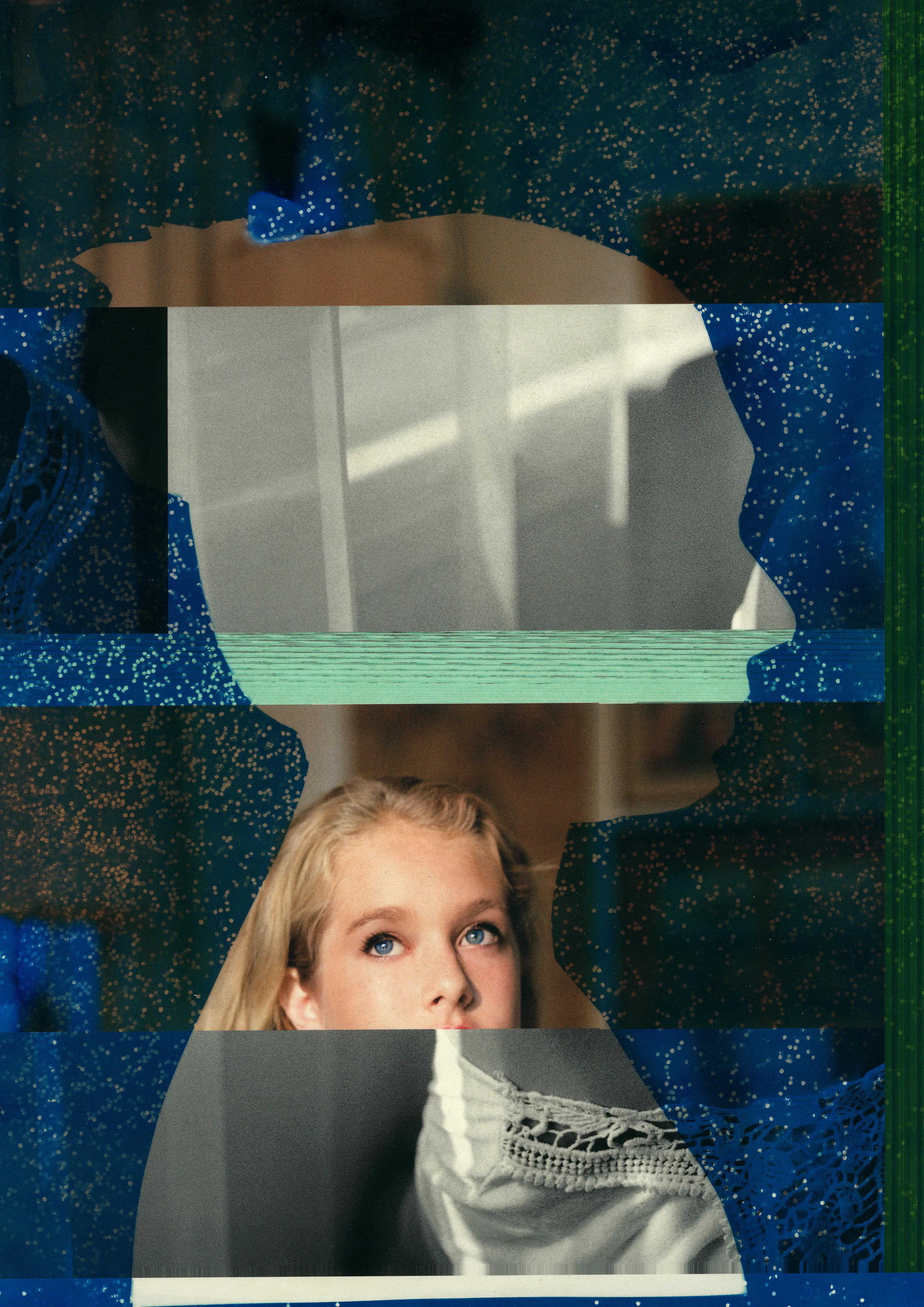 Fugue State Revisited, is an on-going exploration of the future legacies of photography, with a focus on the life span of digital files. After the loss of a hard drive that held 20 years of analog scans, I received only half the files back in recovery. The rest of the files were corrupted, each totally unique in how the machine damages and reinterprets the pixels. This alarming result made me begin to consider ever-shifting digital platforms and file formats, and I realized that much of the data we produce today could eventually fall into a black hole of inaccessibility. The Getty Research Institute states, “While you are still able to view family photographs printed over 100 years ago, a CD with digital files on it from only 10 years ago might be unreadable because of rapid changes to software and the devices we use to access digital content.”

As an analog photographer, rather than let the machine have the last word, I have cyanotyped over my damaged digital scans. I use silhouettes of portraits from my archives as a way to conceal and reveal the corruption. By using historical processes to create a physical object, I guarantee that this image will not be lost in the current clash between the digital file and the materiality of a photographic print. 

Fugue State Revisited calls attention to the fact that today’s digital files may not retain their original state, or even exist, in the next century. As we are reliant on technology to keep our images intact for future generations, it begs the question, who will maintain our hard drives after we are gone? Will we be able to conserve photographs that speak to family histories? These are important considerations for our visual futures, as we may be leaving behind photographs that will be reimagined by machines.