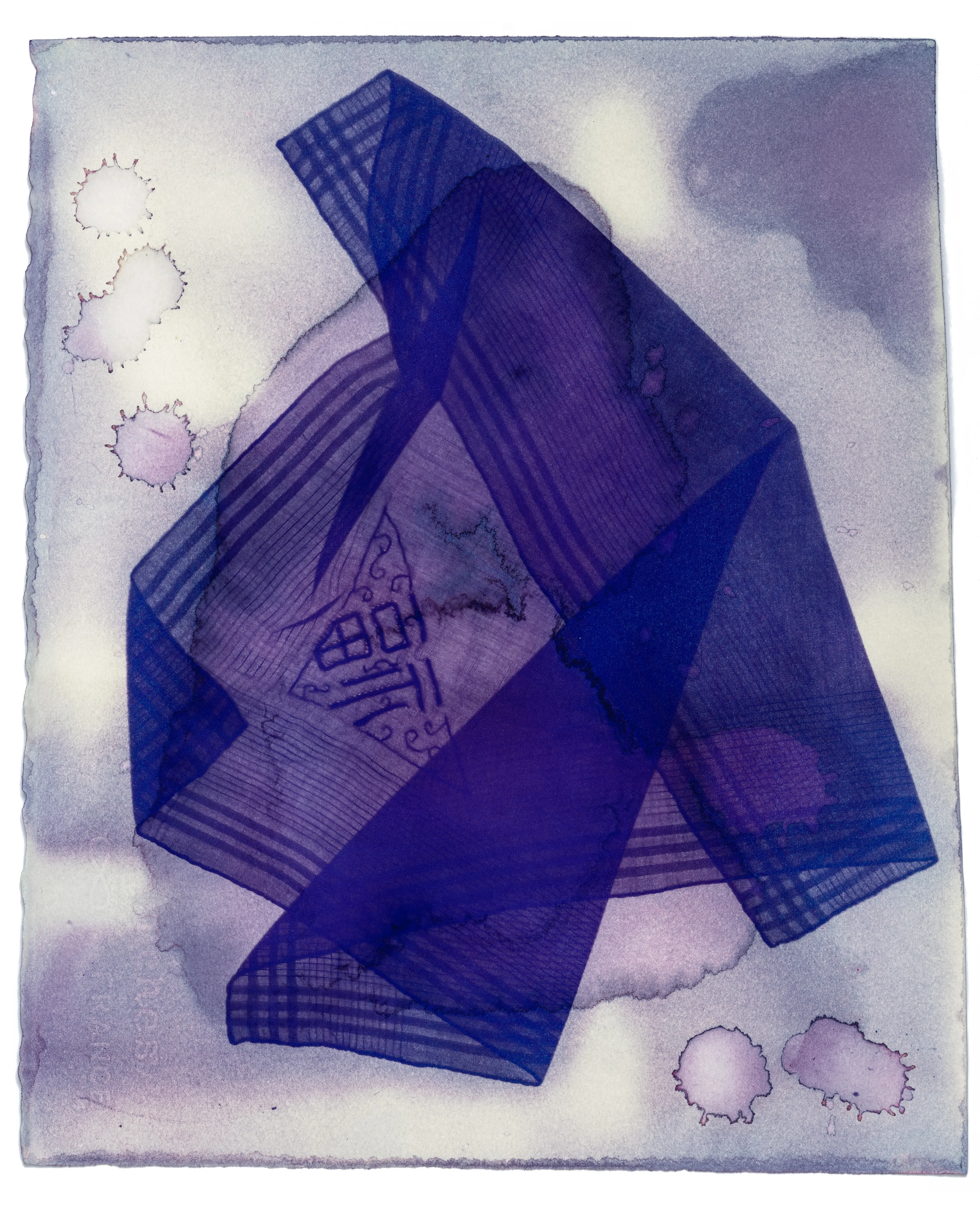 In No Feeling is Final, I confront collective and personal loss in the face of a global pandemic through a series of handmade, cameraless photograms. This work began as an experiment in how to make photographic art while at home with two small children during the early months of the pandemic. It grew into a 44ft installation at SFMOMA in the 2021 exhibition “Close to Home” curated by Corey Keller. Now, it has evolved into my first NFT collection. Each photogram was created by saturating rag paper with fugitive inks, then exposing it to direct sunlight for weeks on the roof of my San Francisco apartment. With these unlikely materials, I document the passage of time during a shared experience of loss.

Handkerchiefs are artifacts of personal health and hygiene. They are intimate objects that someone carried and used to absorb their body’s fluids - snot, sweat and tears. In another era, offering your handkerchief was a way of expressing compassion for someone else’s suffering. As the pandemic stretched on, and its impact grew, I began to see these vibrant imprints as representing the growing crowd of those we had lost. In contrast, the handkerchiefs become ever more imperfect and corporeal – worn, dyed black to block the sun, and then faded by exposure to it. The handkerchiefs are my negatives, both the source of the images and the remains of the process – shadow skins of the portraits they made.

By their very nature, loss and change are embedded in these original artworks. Exposure to light will eventually cause the fugitive inks to fade and disappear. Transforming them into an NFT collection and scattering them widely is intended as an act of communal preservation. This collection lives at the intersection of analog photography's impermanence and NFTs immateriality -- two mediums, both initially disregarded by the larger art world, and each with a uniquely troubled relationship to what we view as “real.” By trusting a virtual artwork to outlive its physical counterpart, I point to our own temporality and the chasm we inhabit between the physical and virtual worlds.

The series title comes from a 1905 Rainer Maria Rilke poem entitled “Go to the limits of your longing”
Let everything happen to you: beauty and terror.
Just keep going. No feeling is final.

Process: Fugitive ink photogram. Watercolor ink on rag paper, sunlight, time.
Dimensions: 14x11 inches
Date: 2020