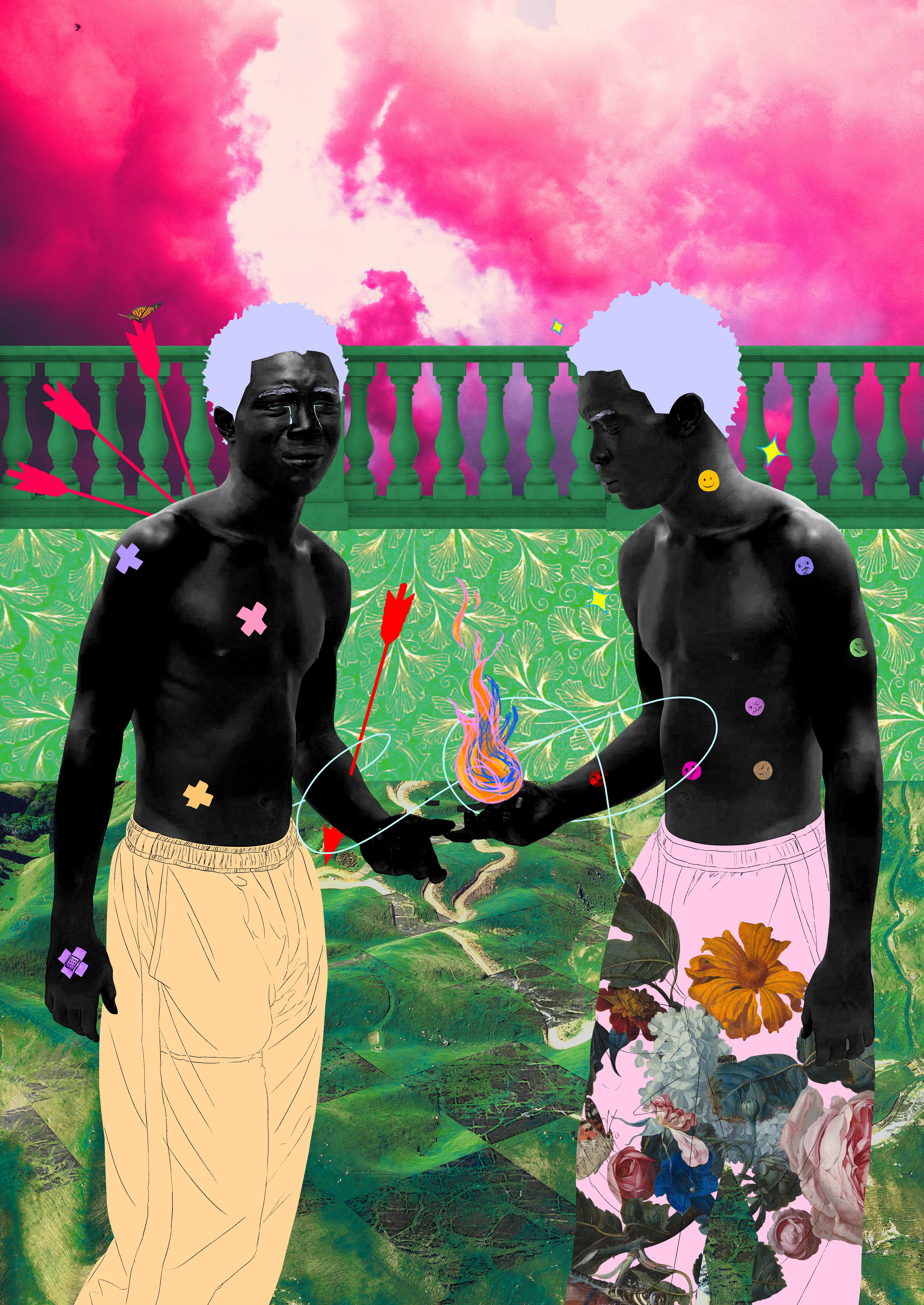In Arclight’s newest body of work, LIMINAL SPACE, manipulated self-portraits and photographs of his brother take center stage in a series of digital paintings depicting the two young men involved in mundane activities: sipping coffee while listening to a good track, hanging out by a pool, calling a friend… The surreal treatment of these banal scenes inject a palpable feeling of nostalgia. 

Arrows and smileys symbolize a rollercoaster of emotions and disillusionment, while flowers convey his desire to bloom. Tigers embody his sense of being out of place, since the animals are not native to the African continent.

Arclight made those 20 unique pieces in an agitated period where time seems suspended until the upcoming elections: the artworks from LIMINAL SPACE invite the viewers to reminisce about brighter days. 