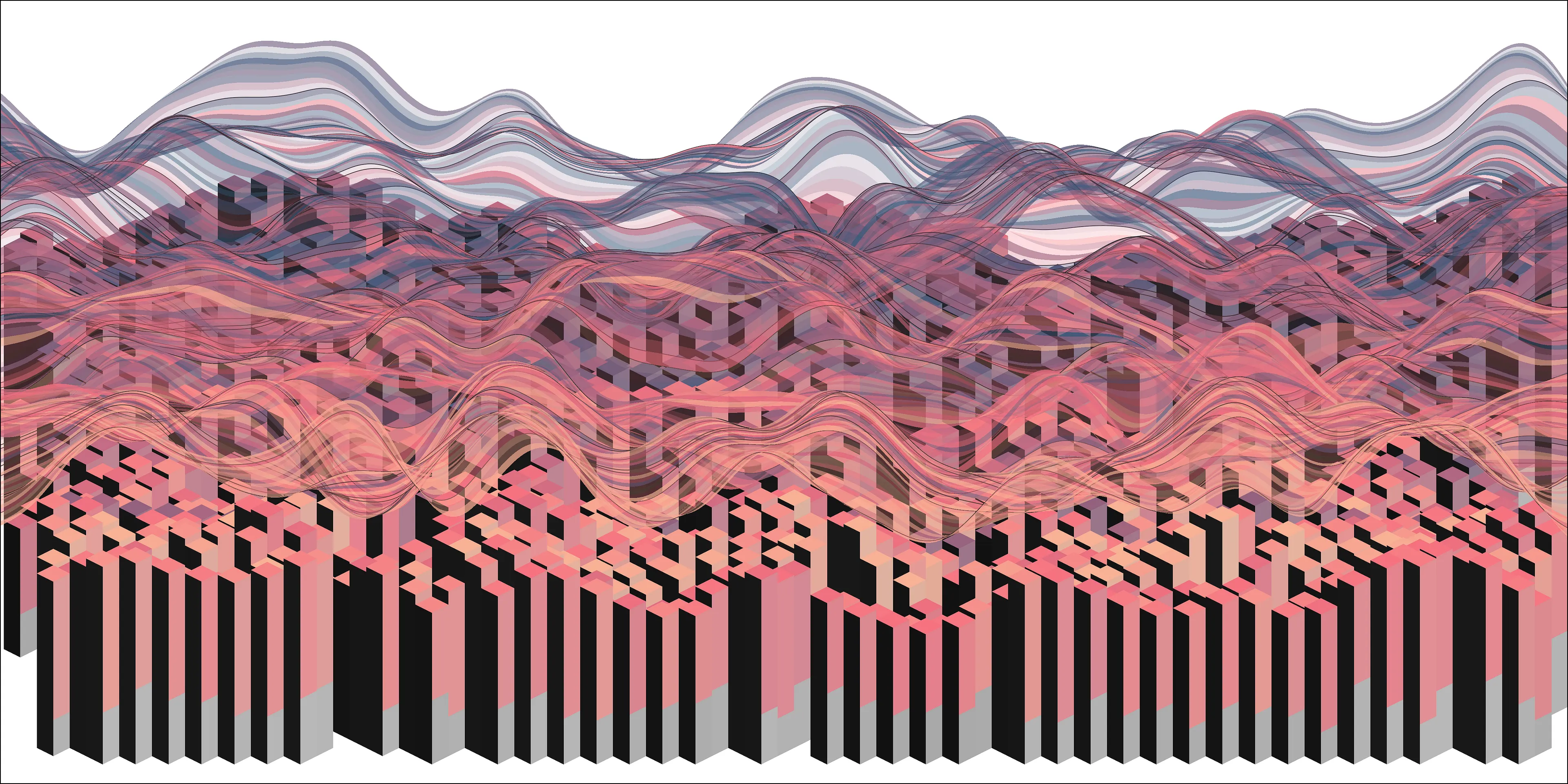 Super User is a series of generative artworks that include abstract pyroscapes, shadowy tunnels, shimmering surfaces, and golden moiré patterns with characteristically dark themes for Vaden. These images represent a world full of beauty and horror, created with statistical tools commonly used for scientific research. Carefully developed algorithms were used to create unique artwork each time that they were run, with output curated by the artist.
