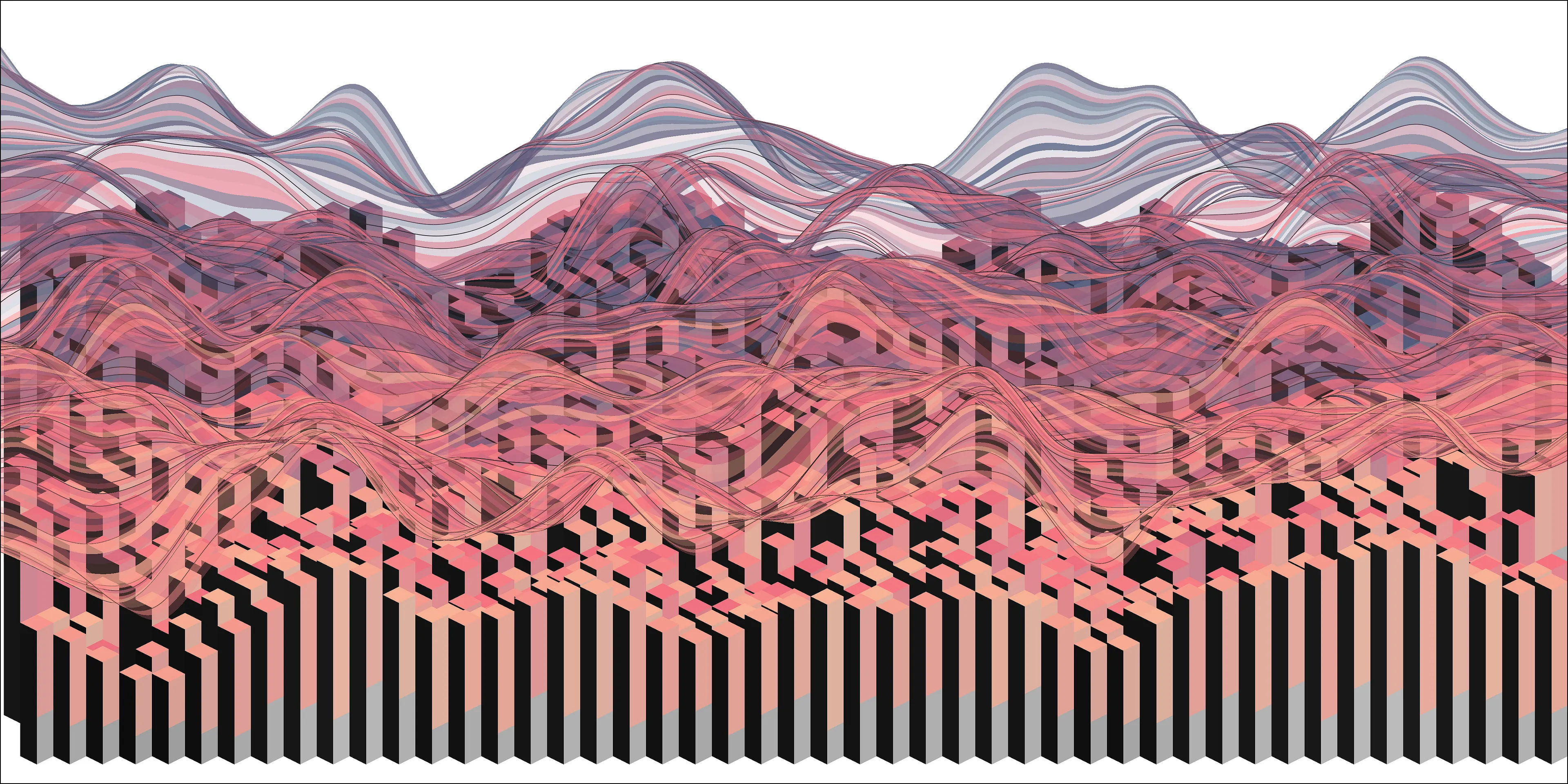 Super User is a series of generative artworks that include abstract pyroscapes, shadowy tunnels, shimmering surfaces, and golden moiré patterns with characteristically dark themes for Vaden. These images represent a world full of beauty and horror, created with statistical tools commonly used for scientific research. Carefully developed algorithms were used to create unique artwork each time that they were run, with output curated by the artist.