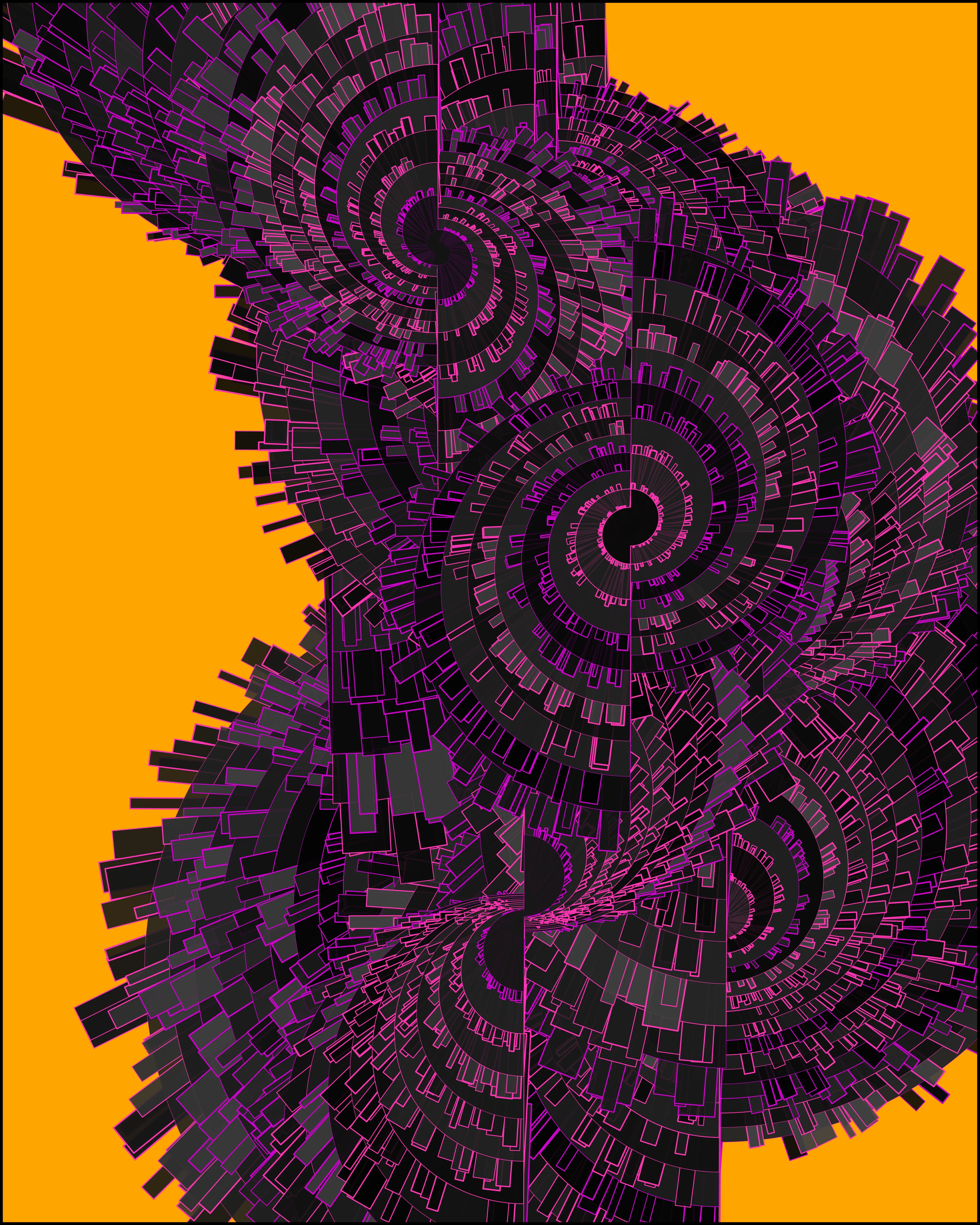 Super User is a series of generative artworks that include abstract pyroscapes, shadowy tunnels, shimmering surfaces, and golden moiré patterns with characteristically dark themes for Vaden. These images represent a world full of beauty and horror, created with statistical tools commonly used for scientific research. Carefully developed algorithms were used to create unique artwork each time that they were run, with output curated by the artist.