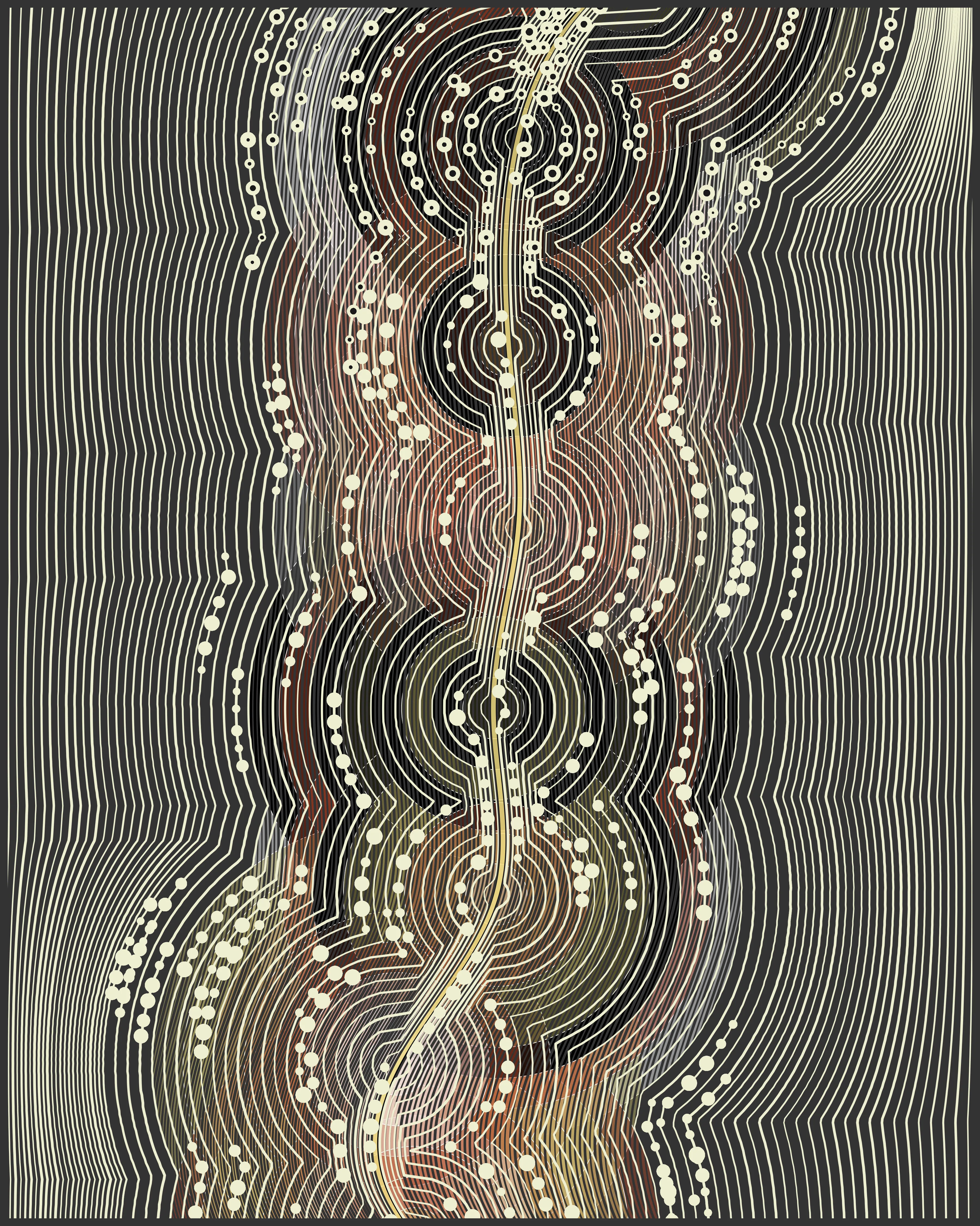 Super User is a series of generative artworks that include abstract pyroscapes, shadowy tunnels, shimmering surfaces, and golden moiré patterns with characteristically dark themes for Vaden. These images represent a world full of beauty and horror, created with statistical tools commonly used for scientific research. Carefully developed algorithms were used to create unique artwork each time that they were run, with output curated by the artist.