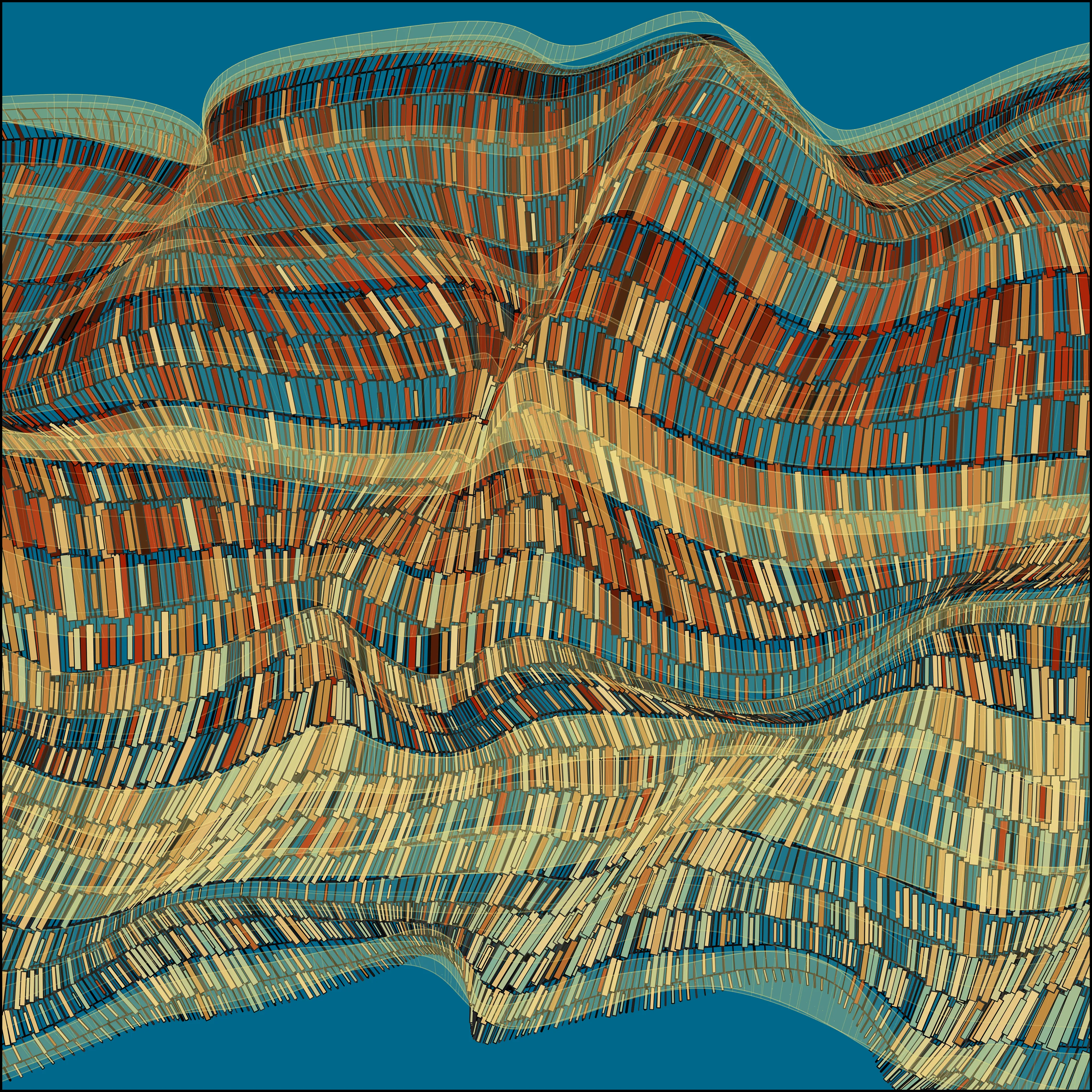 Super User is a series of generative artworks that include abstract pyroscapes, shadowy tunnels, shimmering surfaces, and golden moiré patterns with characteristically dark themes for Vaden. These images represent a world full of beauty and horror, created with statistical tools commonly used for scientific research. Carefully developed algorithms were used to create unique artwork each time that they were run, with output curated by the artist.