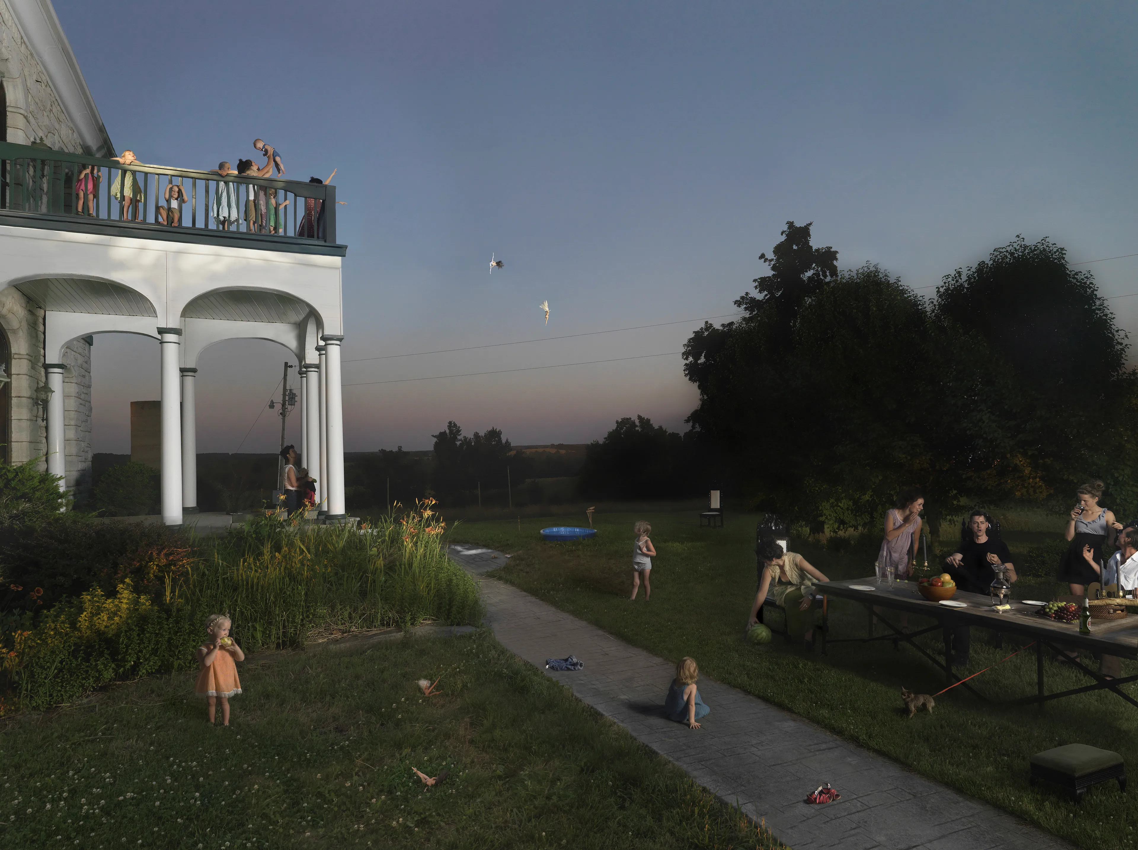 “I suppose I could make a work where the sun is shining, the mom is lying out in the grass, the kids are happy, and everything is perfect, but that wouldn’t interest me—and it wouldn’t be truthful. My aim is to create a more nuanced, subtly humorous and satirical portrait of the way we live today.” - Julie Blackmon

The playfully artful and chaotic elements present in the photographs of Julie Blackmon (American, b. 1966) are drawn from the everyday people and places of Blackmon’s daily routine in her hometown of Springfield, Missouri, which she describes as “a generic American town in the middle of the United States.” At first glance, the works may conjure backyard paradises of children at play; a closer look reveals children alone in backyards, garages, and neighborhoods, where the absence of adults suggests a looming potential for danger. The images brim with fantasy and subtle satire that capture a delicate balance between the darkness and charm of contemporary American life.

Blackmon carefully sets her scenes, but like film and theater
directors, she is in pursuit of unscripted moments that provoke,
disturb, and challenge the viewer. Some of the images reference
paintings by Dutch masters, French impressionists, and such modern painters as Hopper and Balthus, but they are updated with a satirical, penetrating eye and Blackmon’s belief that artful fiction can capture the truth more memorably than the truth itself.

#9