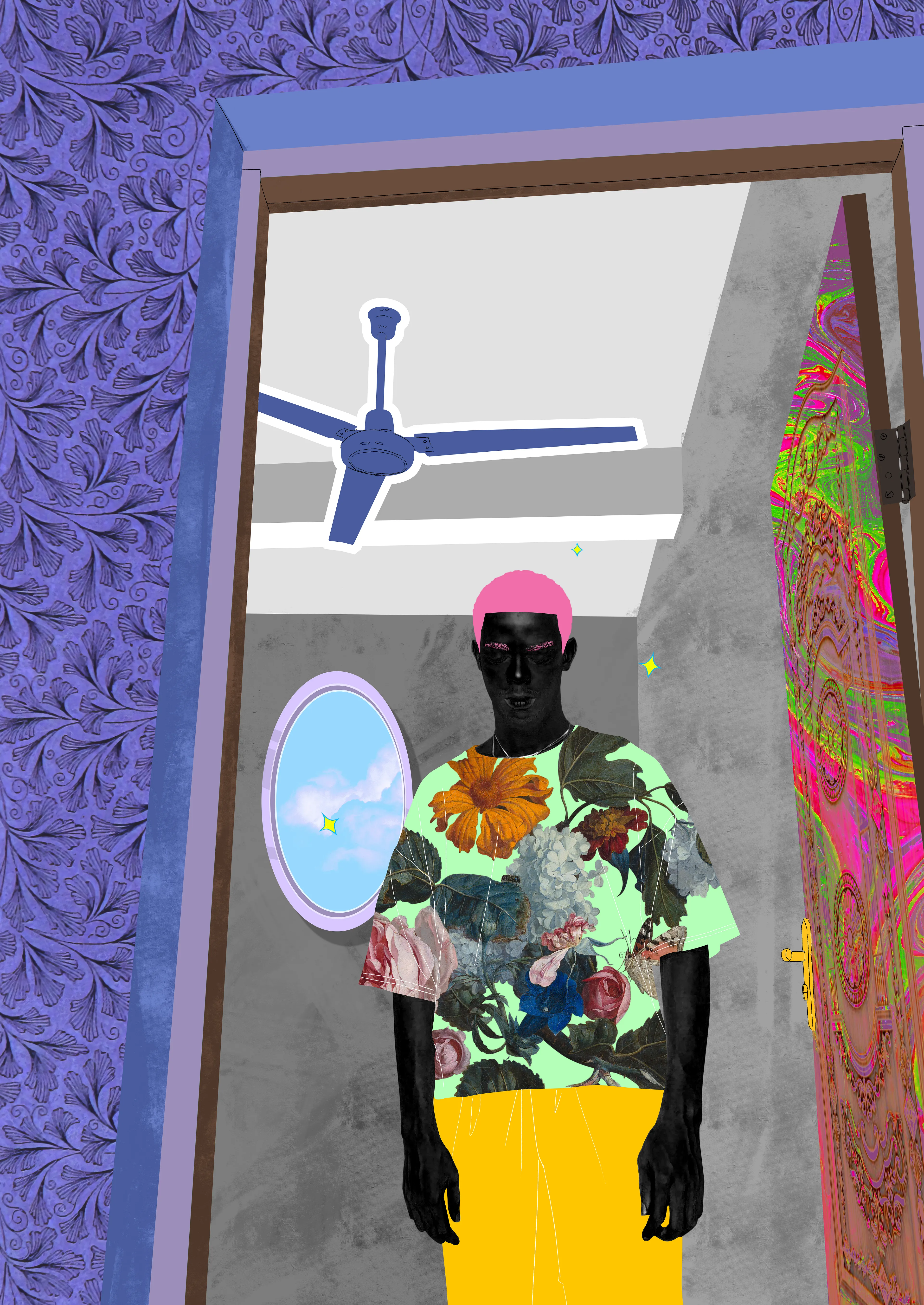 In Arclight’s newest body of work, LIMINAL SPACE, manipulated self-portraits and photographs of his brother take center stage in a series of digital paintings depicting the two young men involved in mundane activities: sipping coffee while listening to a good track, hanging out by a pool, calling a friend… The surreal treatment of these banal scenes inject a palpable feeling of nostalgia. 

Arrows and smileys symbolize a rollercoaster of emotions and disillusionment, while flowers convey his desire to bloom. Tigers embody his sense of being out of place, since the animals are not native to the African continent.

Arclight made those 20 unique pieces in an agitated period where time seems suspended until the upcoming elections: the artworks from LIMINAL SPACE invite the viewers to reminisce about brighter days. 