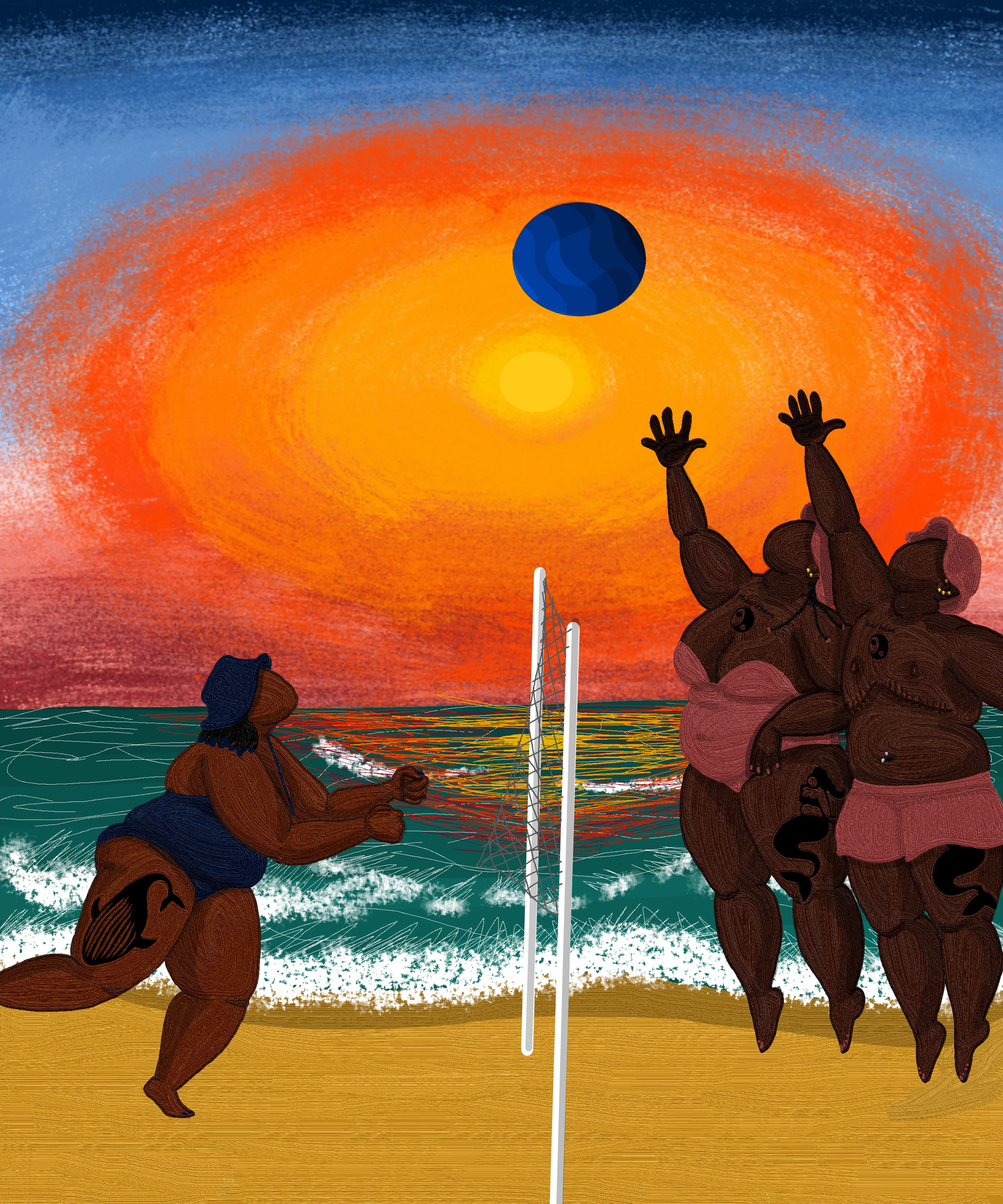 Mercy Thokozane Minah explores intimacy and its numerous forms in queer Black life. In Press Play, the self-taught South African artist pays homage to the intimacy of sport as a leisurely and rigorous cultural currency that connects people from all walks of life, emphasizing how it fortifies Black queer and trans communities.

The 20-piece collection of digital paintings - some combined with photographed skies - is a study of Black queer bodies in motion. Press Play posits how they interact with environments dedicated to play, what their relationship is to competition, how they orient themselves towards winning as well as the catharsis and pleasure of leisure.
