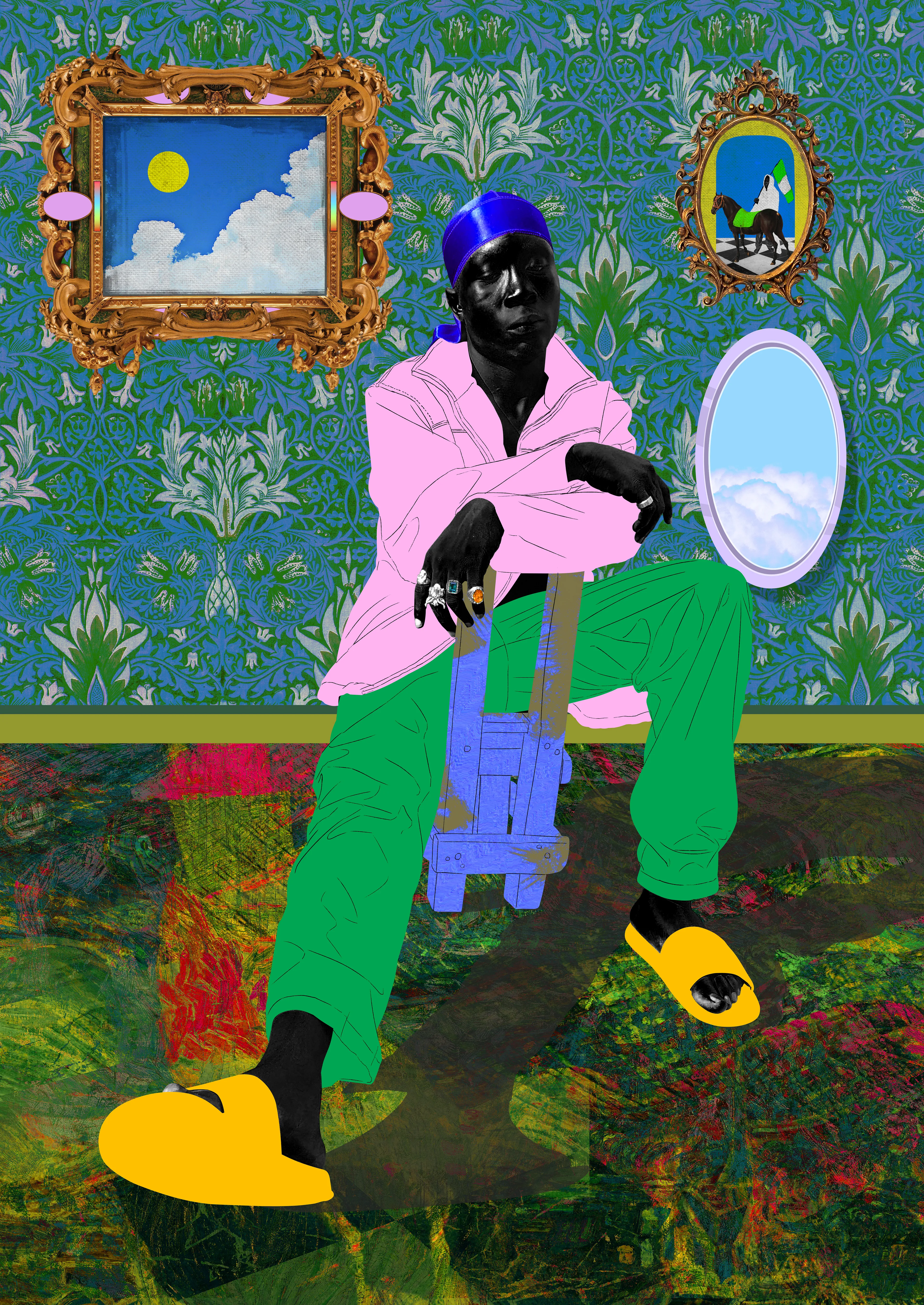 In Arclight’s newest body of work, LIMINAL SPACE, manipulated self-portraits and photographs of his brother take center stage in a series of digital paintings depicting the two young men involved in mundane activities: sipping coffee while listening to a good track, hanging out by a pool, calling a friend… The surreal treatment of these banal scenes inject a palpable feeling of nostalgia. 

Arrows and smileys symbolize a rollercoaster of emotions and disillusionment, while flowers convey his desire to bloom. Tigers embody his sense of being out of place, since the animals are not native to the African continent.

Arclight made those 20 unique pieces in an agitated period where time seems suspended until the upcoming elections: the artworks from LIMINAL SPACE invite the viewers to reminisce about brighter days. 