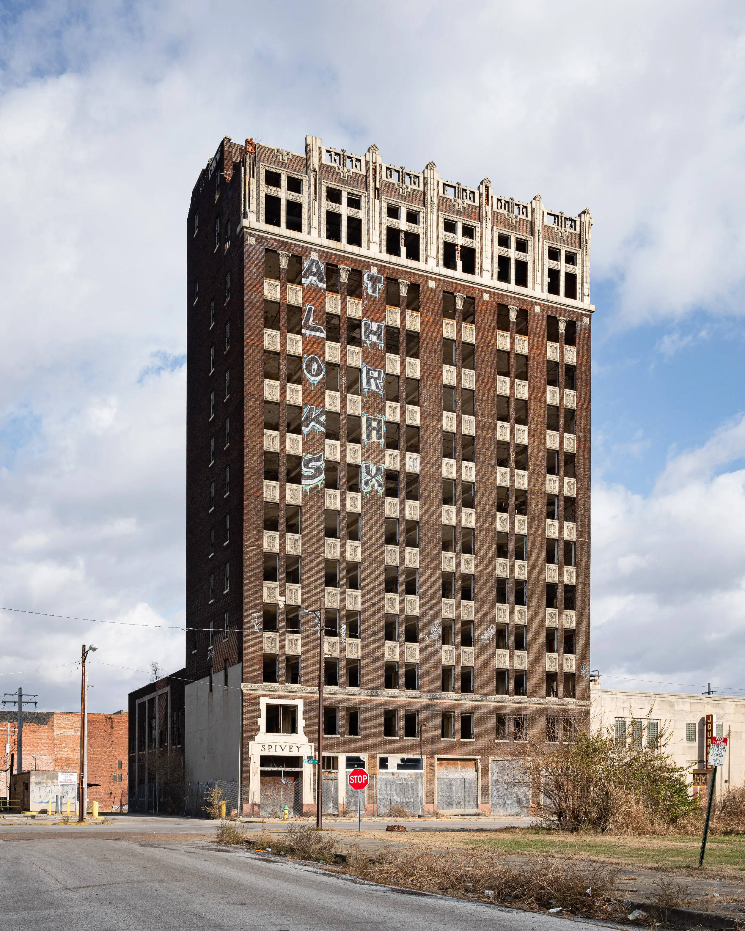 Privileged Mediocrity by Kris Graves examines systemic unfairness in the United States. Using a mix of conceptual and documentary practices, Graves photographs the subtleties of societal power and its impact on the built environment of America and the construction of public and private space. Graves explores how racism, capitalism, and power have shaped our country -- and how that can be seen and experienced in everyday life.

Spivey Skyscraper, East St Louis, Illinois, 2019