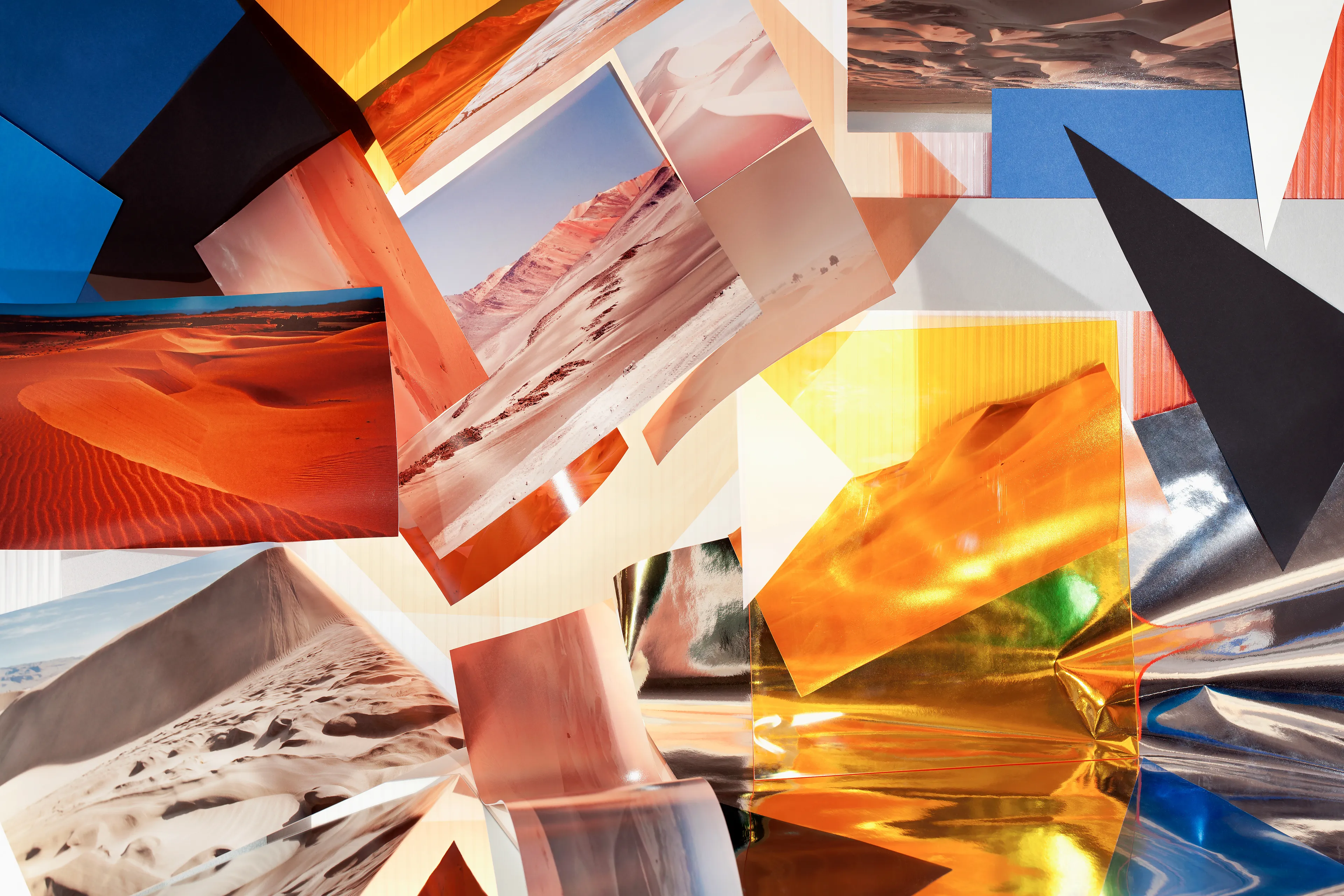 When was the last time you did a Google image search for “landscape”? The results will be glorifying images begging to be paired with inspirational quotes. Holiday brochure exaggerations in saturated colors and just-too-perfect light. Conformist and conventional, such depictions are less about real landscapes than the feelings they are meant to evoke. The algorithms of popular taste and fantasy have taken to an extreme those notions of the sublime landscape that took hold in western art in the 18th century. 

I search online copyright-free image libraries for various kinds of landscape pictures. Deserts. Glaciers. Tropics. Storms. Forests. Waterfalls. Mountains. These are collated, printed out, cut, folded, assembled as three dimensional studio sculptures, and then re-photographed. From immaterial data, to 2D print, to 3D environment and back to 2D print.  The process is largely improvised, built up element by element, much the way we surf the Internet from one image to the next. The results are real world collages taking the form of still life tableau compositions of landscape types. Perspective is shattered in the manner of cubism or constructivism, each image contributing to the larger whole. But look closely and there’s also a world of imperfection here. Creases, props, dust, even reflections of the studio in which I work. 

The Internet is primarily a picture-based environment with blurred geographical boundaries. My final images are thoroughly international indications of the emerging global order of beauty and landscape.  There is something autobiographical in this: I was born in Russia and have lived in several different landscapes across America. 

I like the idea that the work can be simultaneously liberated from realistic depiction, yet grounded in the material world. I pursued photography because like no other medium it points to a concrete reality, with its time and space. But, I came into it with the understanding that reality is a construct, and that I can “bend” time and space in one image. With photography you can make up a world and produce a truthful record of it. 

 From philosophy to Flickr, my interests were formed early on. I was an early adopter of online image sharing back in 2004.  Today my photography is a documentation of my process of thinking about images and places. When you go out and see a vast landscape and you take a picture of it, you shrink it to something flat and small.  I’m trying to bring it back to life, to enjoy it, and to push it in ways that make it thinkable again.  