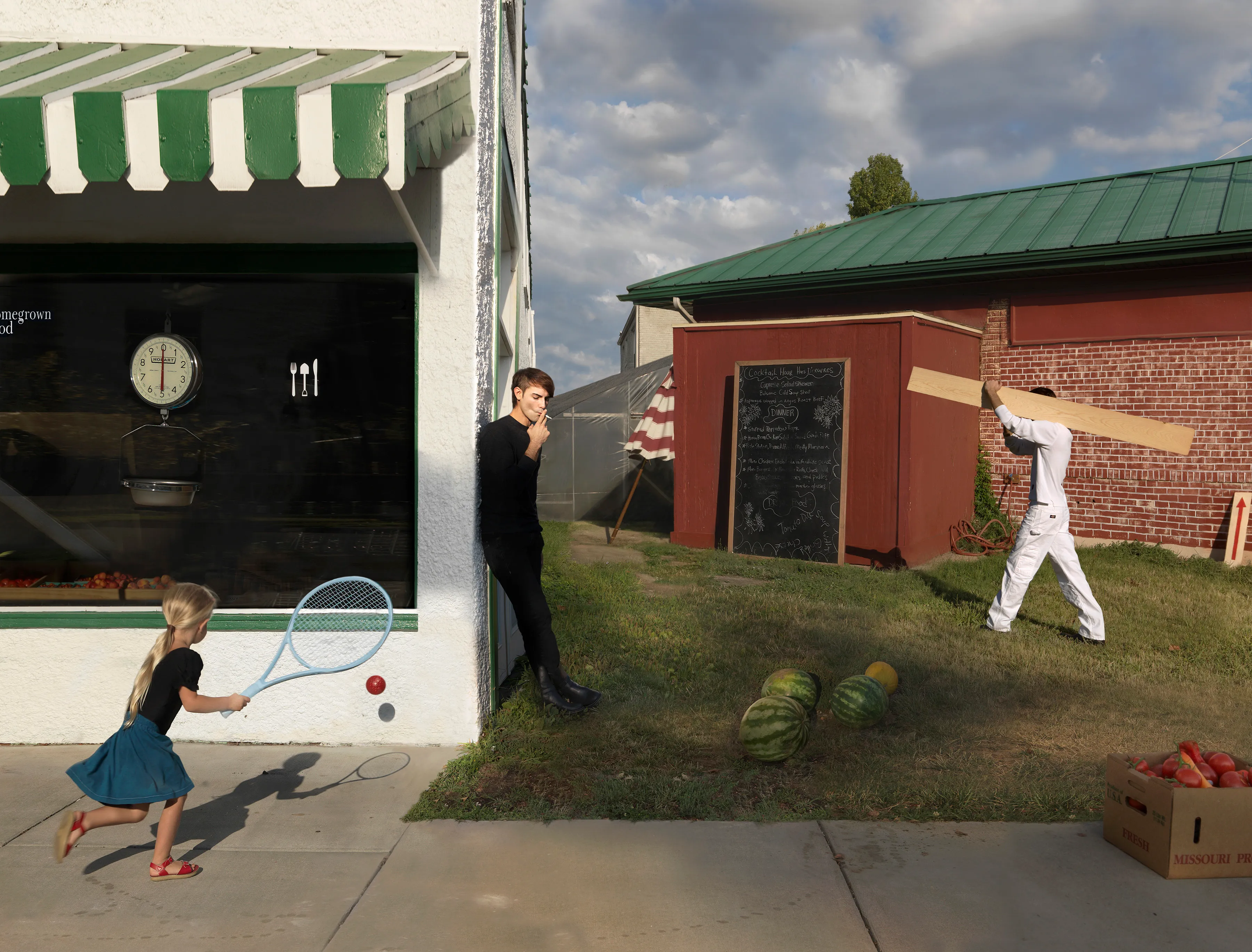 “I suppose I could make a work where the sun is shining, the mom is lying out in the grass, the kids are happy, and everything is perfect, but that wouldn’t interest me—and it wouldn’t be truthful. My aim is to create a more nuanced, subtly humorous and satirical portrait of the way we live today.” - Julie Blackmon

The playfully artful and chaotic elements present in the photographs of Julie Blackmon (American, b. 1966) are drawn from the everyday people and places of Blackmon’s daily routine in her hometown of Springfield, Missouri, which she describes as “a generic American town in the middle of the United States.” At first glance, the works may conjure backyard paradises of children at play; a closer look reveals children alone in backyards, garages, and neighborhoods, where the absence of adults suggests a looming potential for danger. The images brim with fantasy and subtle satire that capture a delicate balance between the darkness and charm of contemporary American life.

Blackmon carefully sets her scenes, but like film and theater
directors, she is in pursuit of unscripted moments that provoke,
disturb, and challenge the viewer. Some of the images reference
paintings by Dutch masters, French impressionists, and such modern painters as Hopper and Balthus, but they are updated with a satirical, penetrating eye and Blackmon’s belief that artful fiction can capture the truth more memorably than the truth itself.

#18