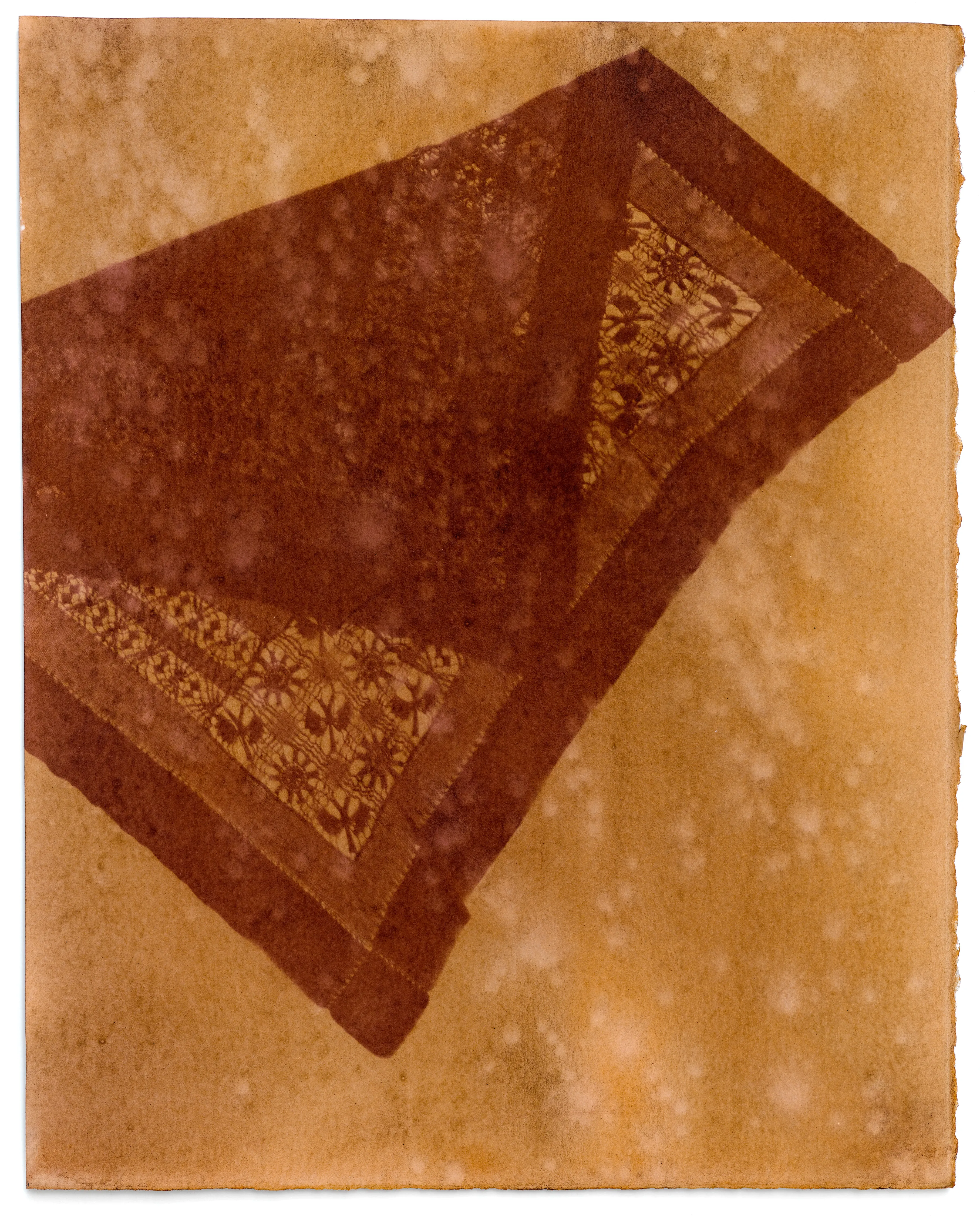 In No Feeling is Final, I confront collective and personal loss in the face of a global pandemic through a series of handmade, cameraless photograms. This work began as an experiment in how to make photographic art while at home with two small children during the early months of the pandemic. It grew into a 44ft installation at SFMOMA in the 2021 exhibition “Close to Home” curated by Corey Keller. Now, it has evolved into my first NFT collection. Each photogram was created by saturating rag paper with fugitive inks, then exposing it to direct sunlight for weeks on the roof of my San Francisco apartment. With these unlikely materials, I document the passage of time during a shared experience of loss.

Handkerchiefs are artifacts of personal health and hygiene. They are intimate objects that someone carried and used to absorb their body’s fluids - snot, sweat and tears. In another era, offering your handkerchief was a way of expressing compassion for someone else’s suffering. As the pandemic stretched on, and its impact grew, I began to see these vibrant imprints as representing the growing crowd of those we had lost. In contrast, the handkerchiefs become ever more imperfect and corporeal – worn, dyed black to block the sun, and then faded by exposure to it. The handkerchiefs are my negatives, both the source of the images and the remains of the process – shadow skins of the portraits they made.

By their very nature, loss and change are embedded in these original artworks. Exposure to light will eventually cause the fugitive inks to fade and disappear. Transforming them into an NFT collection and scattering them widely is intended as an act of communal preservation. This collection lives at the intersection of analog photography's impermanence and NFTs immateriality -- two mediums, both initially disregarded by the larger art world, and each with a uniquely troubled relationship to what we view as “real.” By trusting a virtual artwork to outlive its physical counterpart, I point to our own temporality and the chasm we inhabit between the physical and virtual worlds.

The series title comes from a 1905 Rainer Maria Rilke poem entitled “Go to the limits of your longing”
Let everything happen to you: beauty and terror.
Just keep going. No feeling is final.

Process: Fugitive ink photogram. Watercolor ink on rag paper, sunlight, time.
Dimensions: 14x11 inches
Date: 2020