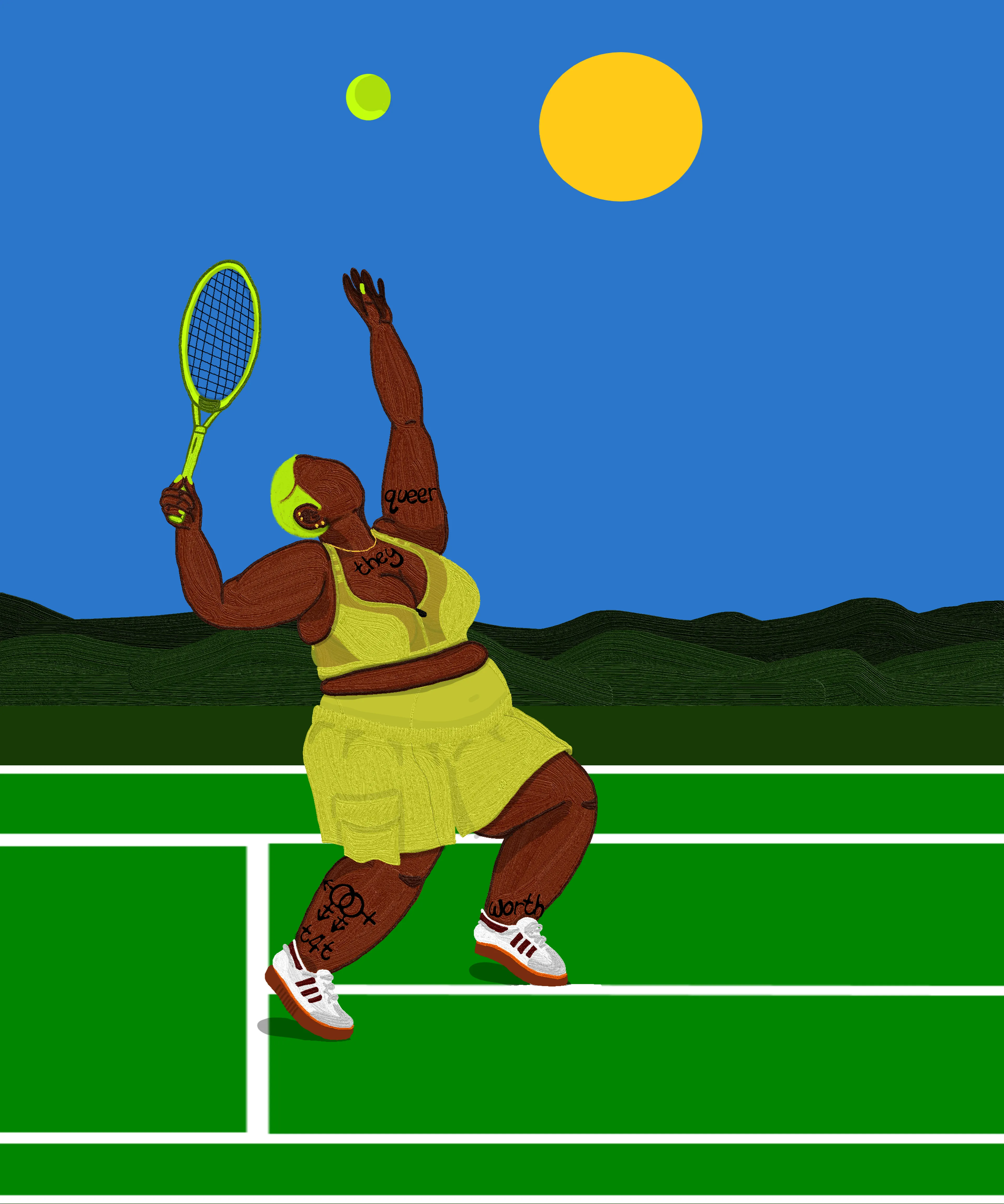 Mercy Thokozane Minah explores intimacy and its numerous forms in queer Black life. In Press Play, the self-taught South African artist pays homage to the intimacy of sport as a leisurely and rigorous cultural currency that connects people from all walks of life, emphasizing how it fortifies Black queer and trans communities.

The 20-piece collection of digital paintings - some combined with photographed skies - is a study of Black queer bodies in motion. Press Play posits how they interact with environments dedicated to play, what their relationship is to competition, how they orient themselves towards winning as well as the catharsis and pleasure of leisure.

