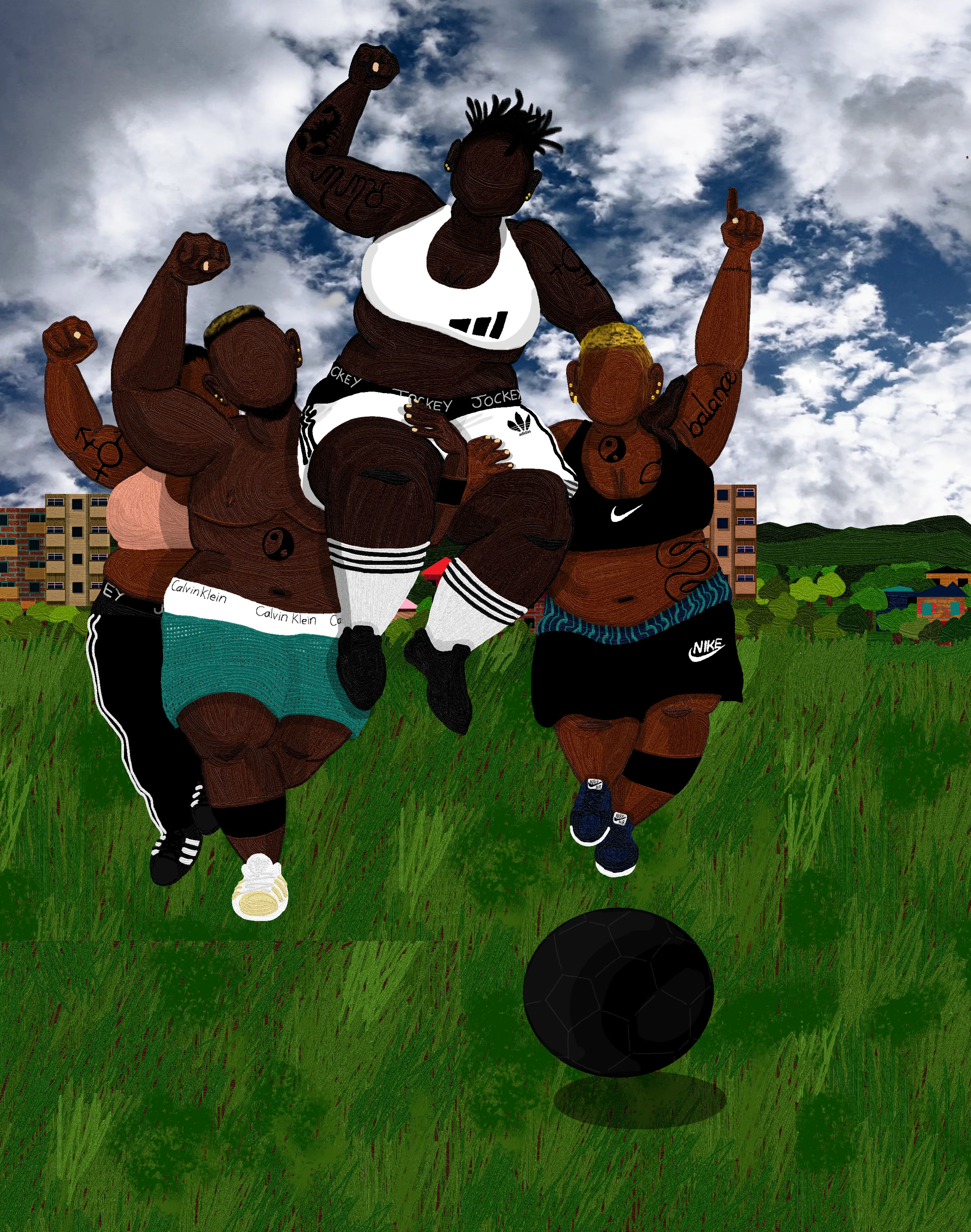 Mercy Thokozane Minah explores intimacy and its numerous forms in queer Black life. In Press Play, the self-taught South African artist pays homage to the intimacy of sport as a leisurely and rigorous cultural currency that connects people from all walks of life, emphasizing how it fortifies Black queer and trans communities.

The 20-piece collection of digital paintings - some combined with photographed skies - is a study of Black queer bodies in motion. Press Play posits how they interact with environments dedicated to play, what their relationship is to competition, how they orient themselves towards winning as well as the catharsis and pleasure of leisure.

