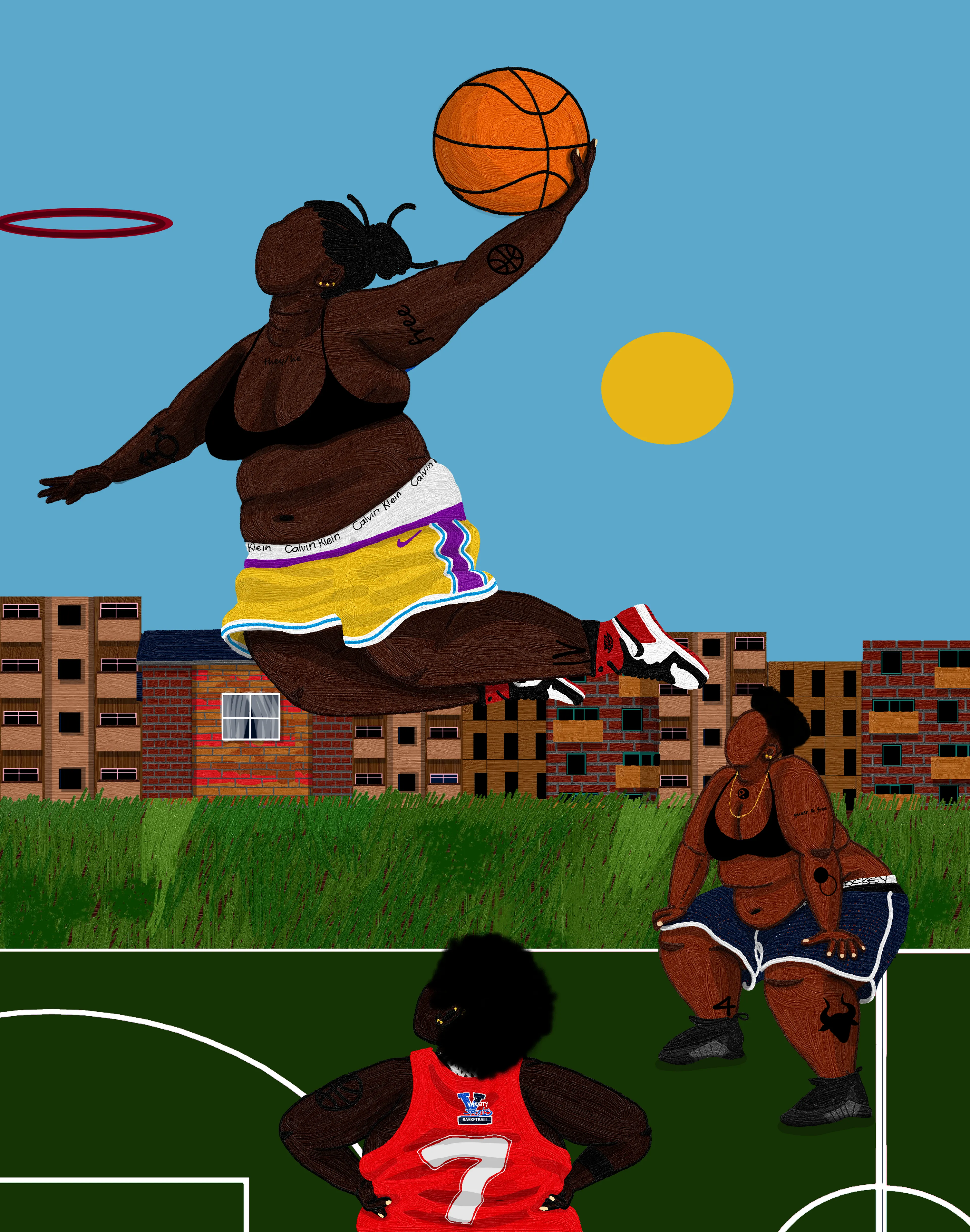 Mercy Thokozane Minah explores intimacy and its numerous forms in queer Black life. In Press Play, the self-taught South African artist pays homage to the intimacy of sport as a leisurely and rigorous cultural currency that connects people from all walks of life, emphasizing how it fortifies Black queer and trans communities.

The 20-piece collection of digital paintings - some combined with photographed skies - is a study of Black queer bodies in motion. Press Play posits how they interact with environments dedicated to play, what their relationship is to competition, how they orient themselves towards winning as well as the catharsis and pleasure of leisure.
