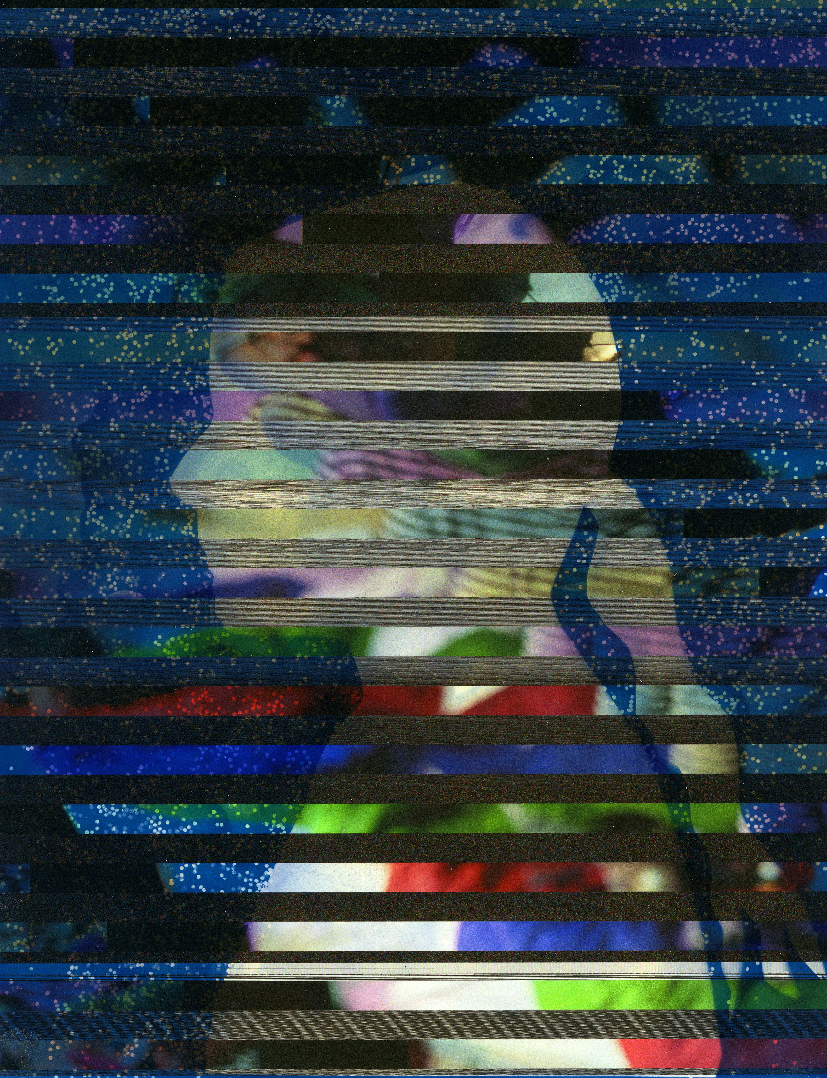 Fugue State Revisited, is an on-going exploration of the future legacies of photography, with a focus on the life span of digital files. After the loss of a hard drive that held 20 years of analog scans, I received only half the files back in recovery. The rest of the files were corrupted, each totally unique in how the machine damages and reinterprets the pixels. This alarming result made me begin to consider ever-shifting digital platforms and file formats, and I realized that much of the data we produce today could eventually fall into a black hole of inaccessibility. The Getty Research Institute states, “While you are still able to view family photographs printed over 100 years ago, a CD with digital files on it from only 10 years ago might be unreadable because of rapid changes to software and the devices we use to access digital content.”

As an analog photographer, rather than let the machine have the last word, I have cyanotyped over my damaged digital scans. I use silhouettes of portraits from my archives as a way to conceal and reveal the corruption. By using historical processes to create a physical object, I guarantee that this image will not be lost in the current clash between the digital file and the materiality of a photographic print. 

Fugue State Revisited calls attention to the fact that today’s digital files may not retain their original state, or even exist, in the next century. As we are reliant on technology to keep our images intact for future generations, it begs the question, who will maintain our hard drives after we are gone? Will we be able to conserve photographs that speak to family histories? These are important considerations for our visual futures, as we may be leaving behind photographs that will be reimagined by machines.