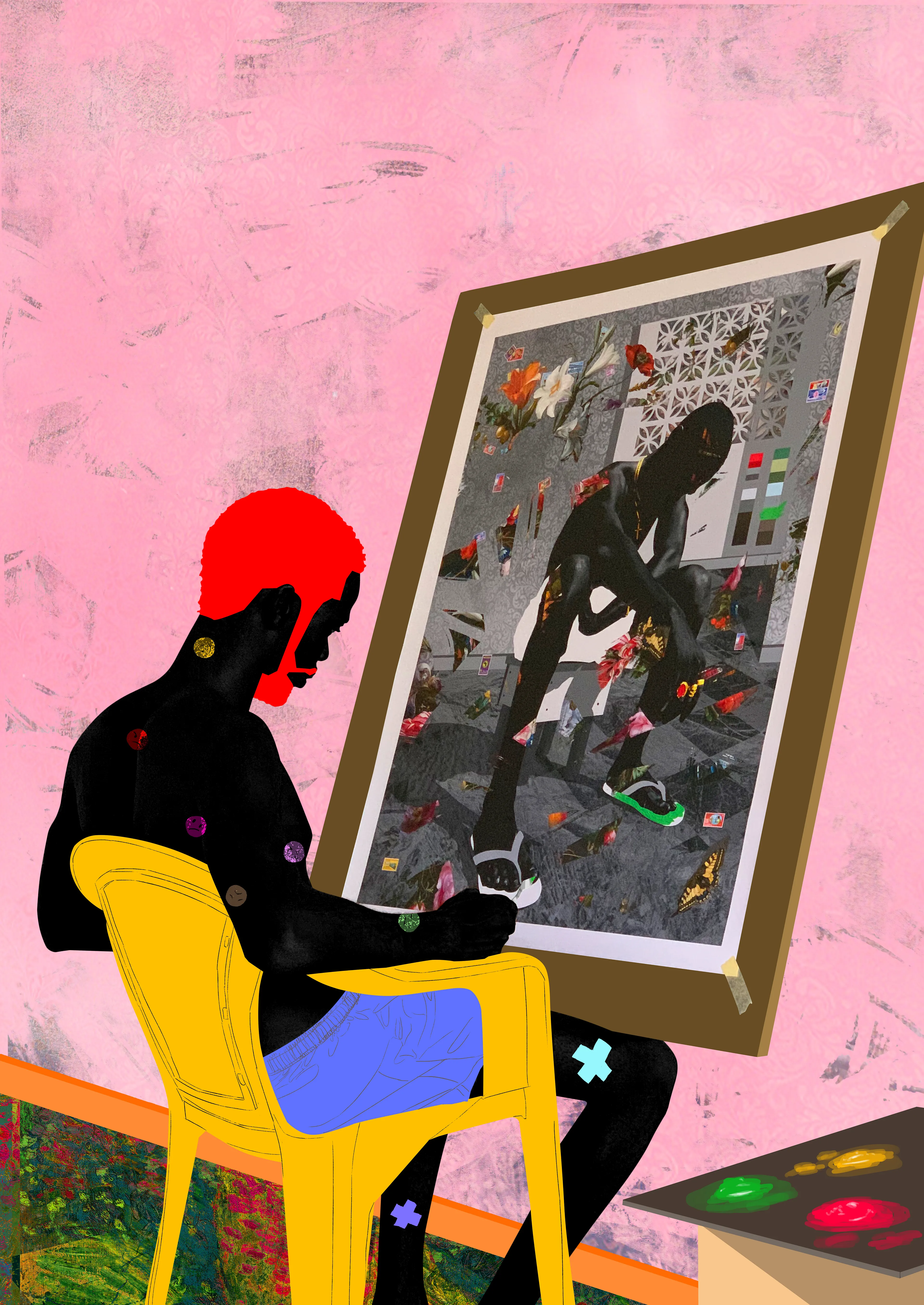In Arclight’s newest body of work, LIMINAL SPACE, manipulated self-portraits and photographs of his brother take center stage in a series of digital paintings depicting the two young men involved in mundane activities: sipping coffee while listening to a good track, hanging out by a pool, calling a friend… The surreal treatment of these banal scenes inject a palpable feeling of nostalgia. 

Arrows and smileys symbolize a rollercoaster of emotions and disillusionment, while flowers convey his desire to bloom. Tigers embody his sense of being out of place, since the animals are not native to the African continent.

Arclight made those 20 unique pieces in an agitated period where time seems suspended until the upcoming elections: the artworks from LIMINAL SPACE invite the viewers to reminisce about brighter days. 