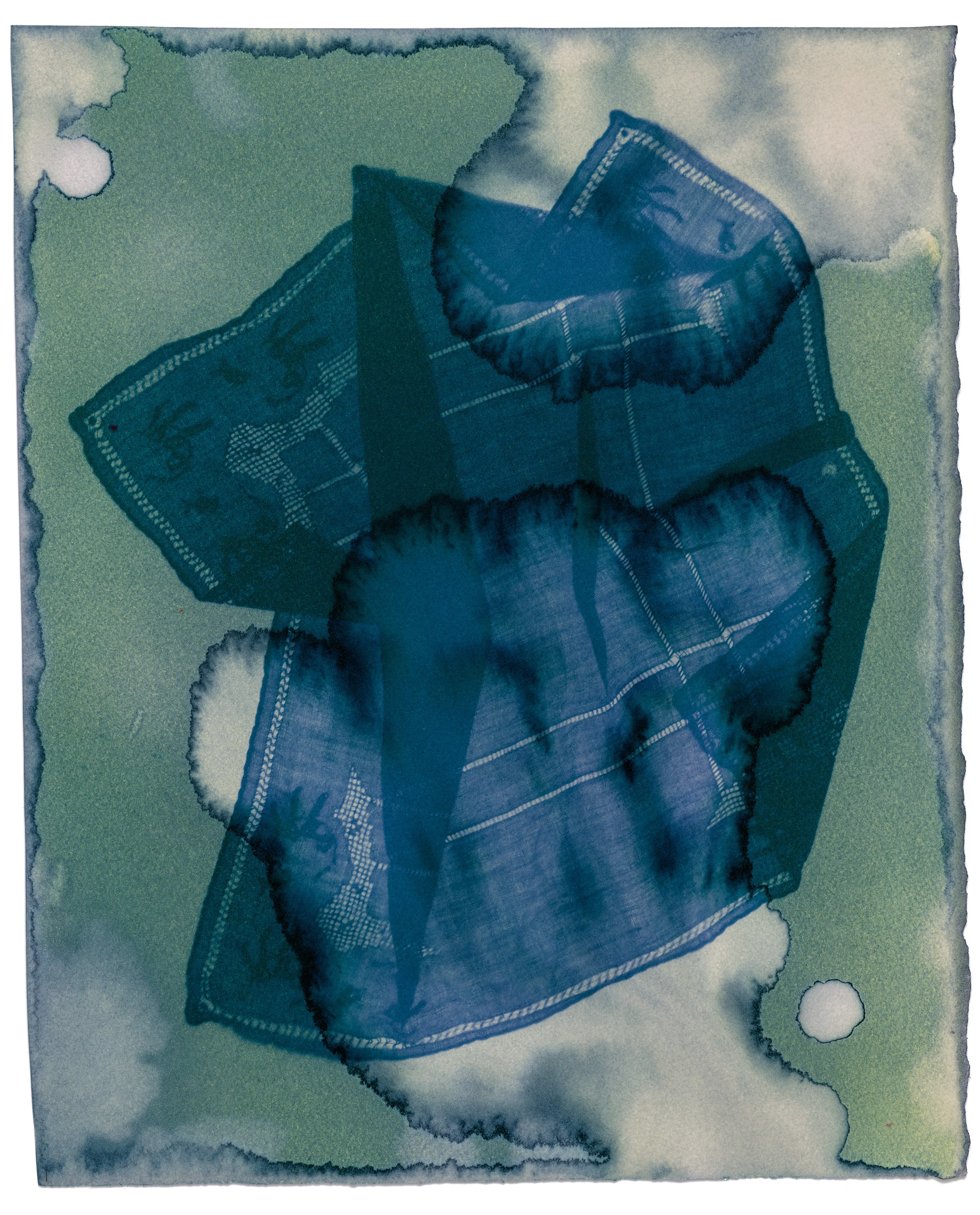 In No Feeling is Final, I confront collective and personal loss in the face of a global pandemic through a series of handmade, cameraless photograms. This work began as an experiment in how to make photographic art while at home with two small children during the early months of the pandemic. It grew into a 44ft installation at SFMOMA in the 2021 exhibition “Close to Home” curated by Corey Keller. Now, it has evolved into my first NFT collection. Each photogram was created by saturating rag paper with fugitive inks, then exposing it to direct sunlight for weeks on the roof of my San Francisco apartment. With these unlikely materials, I document the passage of time during a shared experience of loss.

Handkerchiefs are artifacts of personal health and hygiene. They are intimate objects that someone carried and used to absorb their body’s fluids - snot, sweat and tears. In another era, offering your handkerchief was a way of expressing compassion for someone else’s suffering. As the pandemic stretched on, and its impact grew, I began to see these vibrant imprints as representing the growing crowd of those we had lost. In contrast, the handkerchiefs become ever more imperfect and corporeal – worn, dyed black to block the sun, and then faded by exposure to it. The handkerchiefs are my negatives, both the source of the images and the remains of the process – shadow skins of the portraits they made.

By their very nature, loss and change are embedded in these original artworks. Exposure to light will eventually cause the fugitive inks to fade and disappear. Transforming them into an NFT collection and scattering them widely is intended as an act of communal preservation. This collection lives at the intersection of analog photography's impermanence and NFTs immateriality -- two mediums, both initially disregarded by the larger art world, and each with a uniquely troubled relationship to what we view as “real.” By trusting a virtual artwork to outlive its physical counterpart, I point to our own temporality and the chasm we inhabit between the physical and virtual worlds.

The series title comes from a 1905 Rainer Maria Rilke poem entitled “Go to the limits of your longing”
Let everything happen to you: beauty and terror.
Just keep going. No feeling is final.

Process: Fugitive ink photogram. Watercolor ink on rag paper, sunlight, time.
Dimensions: 14x11 inches
Date: 2020