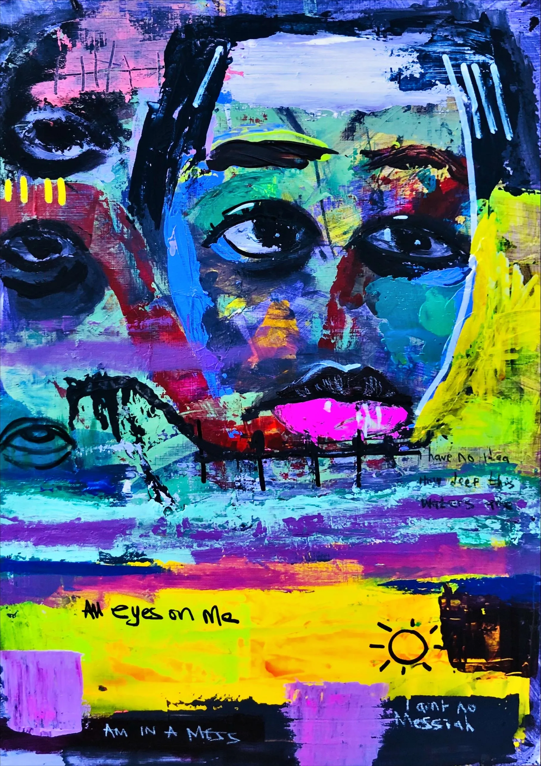 Everyone wanted answers.  
I was drowning.

All eyes on me.  
I ain’t no messiah.

Acrylic on A3 canvas paper 
Original painting from drexxlabs