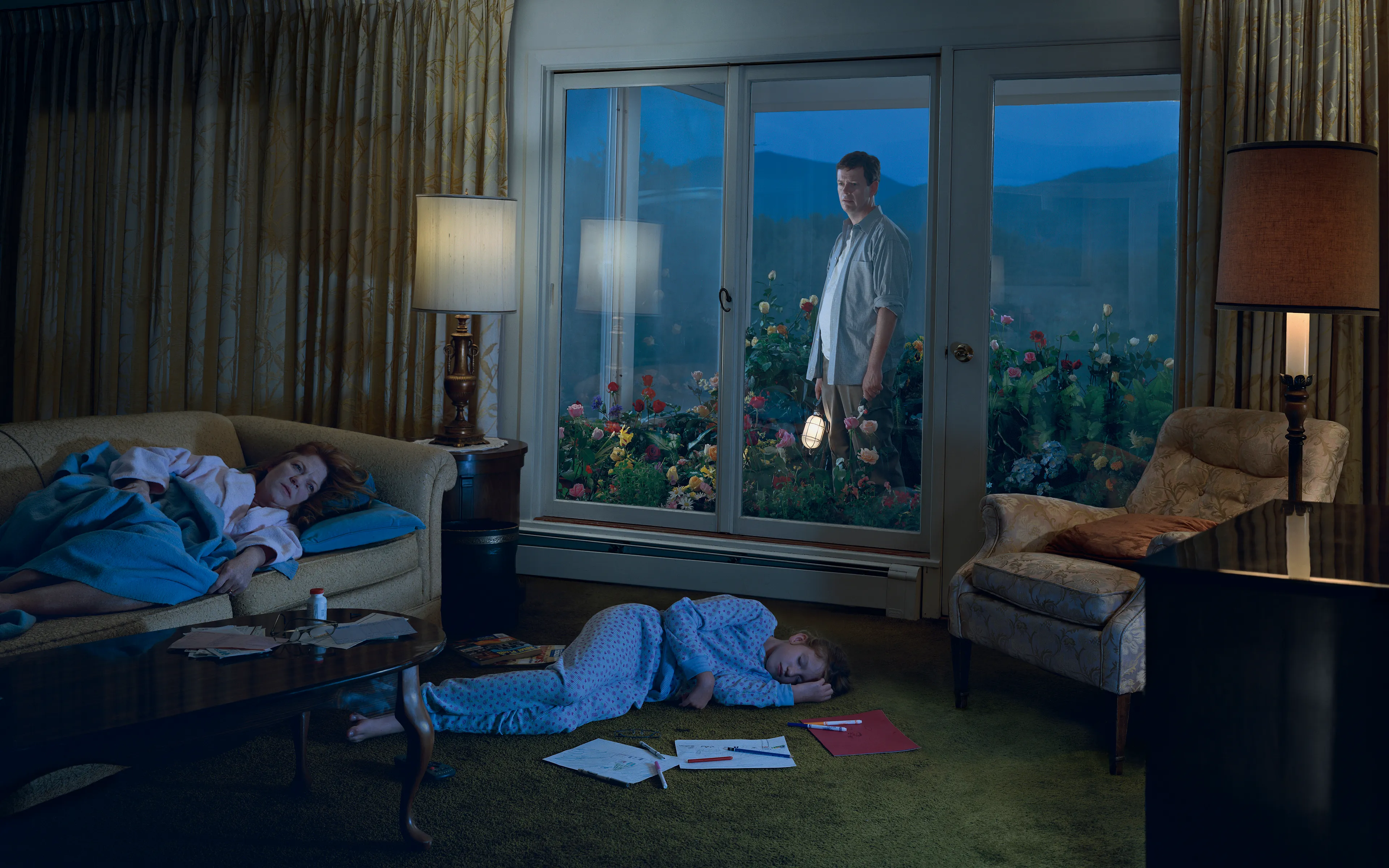 Crewdson’s 2002 project, Dream House peers into the unseen psychological dramas of domestic American life. Focused largely on elaborately staged scenes of home interiors, the twelve images from this portfolio represent frozen moments filled with clues and gestures that suggest underlying narrative sequences that bend ideas of family life into surrealist fantasy. In Dream House, Crewdson nods to the significant influence of cinema over his work by employing actors such as Philip Seymour Hoffman, Tilda Swinton, and Gwyneth Paltrow to stand in as subjects to perform Crewdson’s melodramas in still form. In doing so, Crewdson emphasizes the power of still narrative in relationship to stories told through time, and argues that photographic storytelling can exist as equal in stature to box office films.

Edition: 1 of 1

Set of 5. 
Each set includes 5 images: the final version, 2 Contact Sheets and 2 Polaroids.