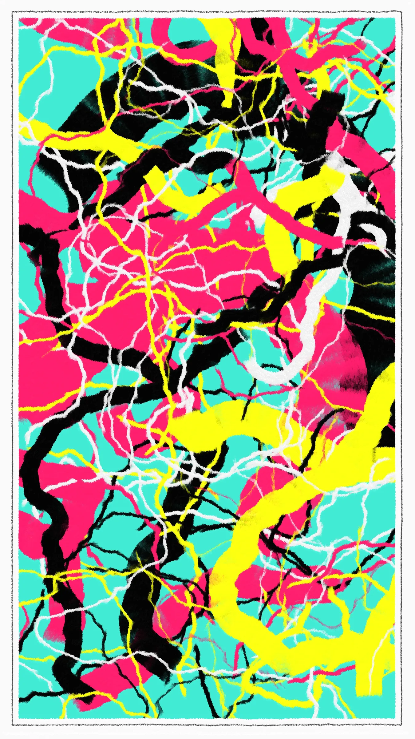 **"aaa"** is a generative art system inspired by abstract artists such as *Jackson Pollock*, *Brice Marden*, and *Kazimir Malevich*. Abstract art appeals to me over other forms because it compels the viewer to use their imagination. You could argue that this art form is like a mirror, a pieces perception being reflective of it’s observer. Similar to how red can symbolize anger, love, and danger. An abstract piece can evoke a multitude of feelings. I believe this to be a unique value of abstract art.

While a human can choose a colour to communicate a feeling, a machine lacks the cognitive ability to do so. Therefore, the program uses randomized probabilities in an attempt to create a wide array of styles. I have taken reference from the drawing styles of *K Malevich*, *Piet Mondrian*, *Brice Marden*, and *Joan Mitchell*. The styles demonstrated by these artists range from symmetric to loose and erratic, combined with 32 colour palettes compiled through experimentation and inspiration.

S - save image
Space - pause animation

Best viewed in 9:16 aspect ratio.
This original generative art was created with code.
*© 2023 fingacode*