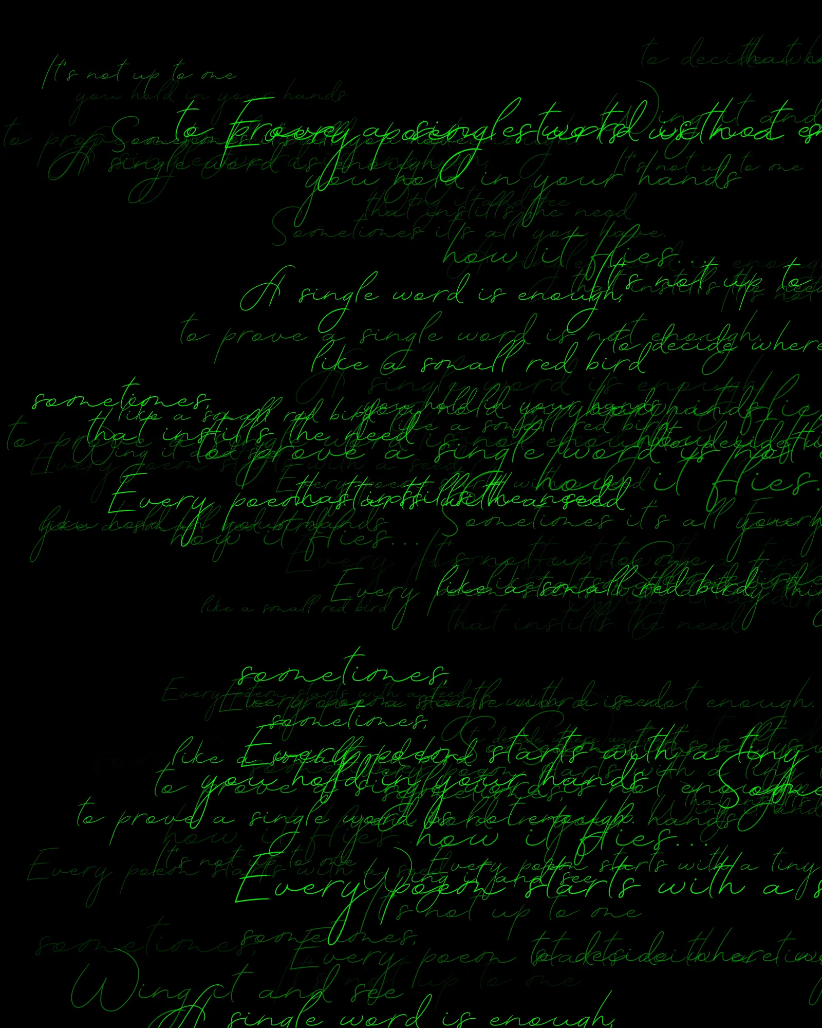 100-line generative poem written by Pushcart-nominated poet Sasha Stiles and her AI-powered alter ego, Technelegy – a custom text generator rooted in GPT that Stiles has been training and collaborating with since 2018. This poem was written line by line, token by token, using p5.js as the page. Starting from Edition 1 – the title – each subsequent edition represents the growth and accretion of the poem from lines 0 through 100, with the final edition containing the entire text.