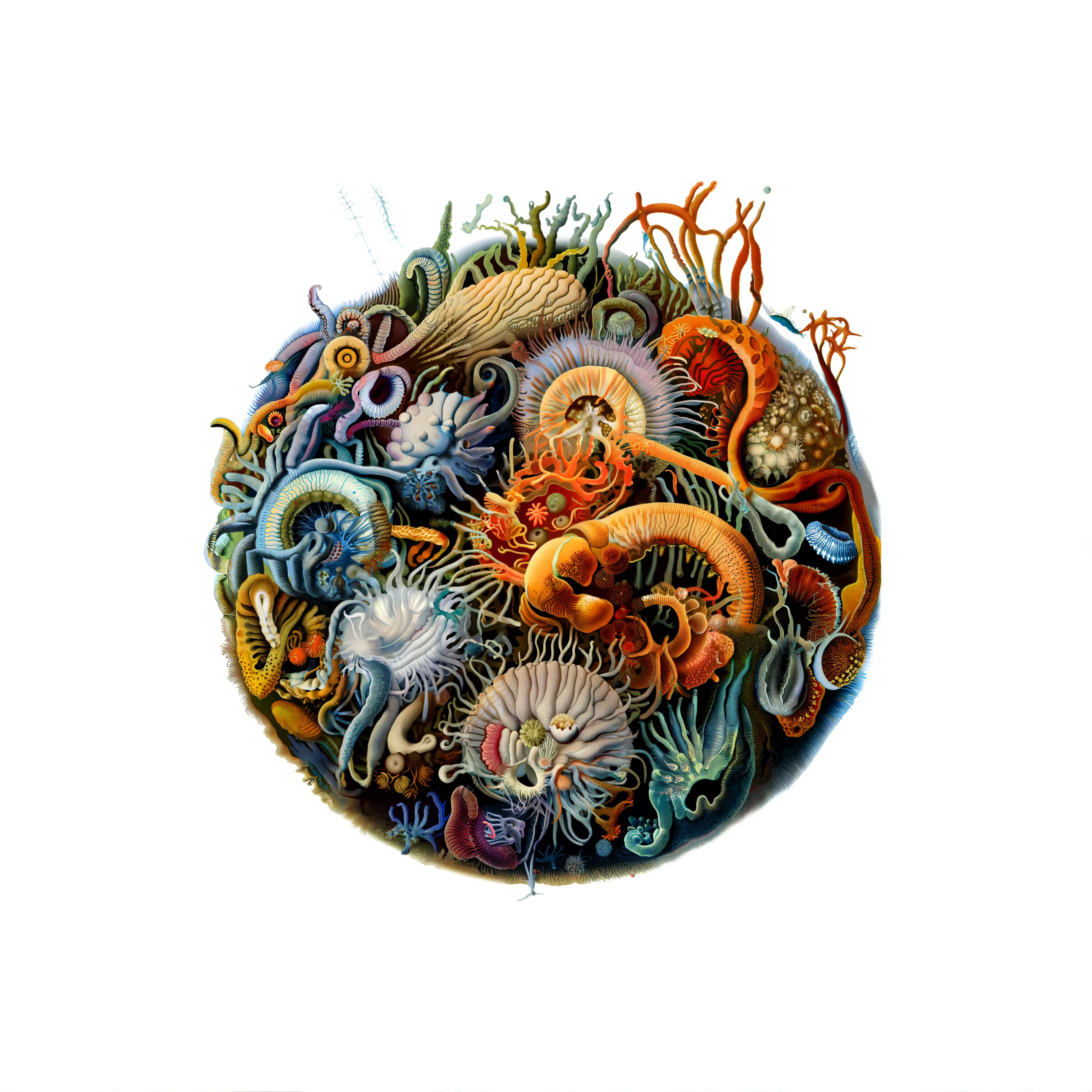 When we examine even a tiny drop of water, we uncover thriving communities of life and interconnections. It is easy to see each drop as a self-contained world, bounded by surface tension. However, given the opportunity, even the smallest of these ecosystems will blend with other bodies of liquid, altering the life forms and composition within. This series represents a collection of samples taken from the same intertidal area of artificial life, forming a collection of microscopic worlds, all seemingly singular, yet patiently waiting for the chance to blend into something greater.