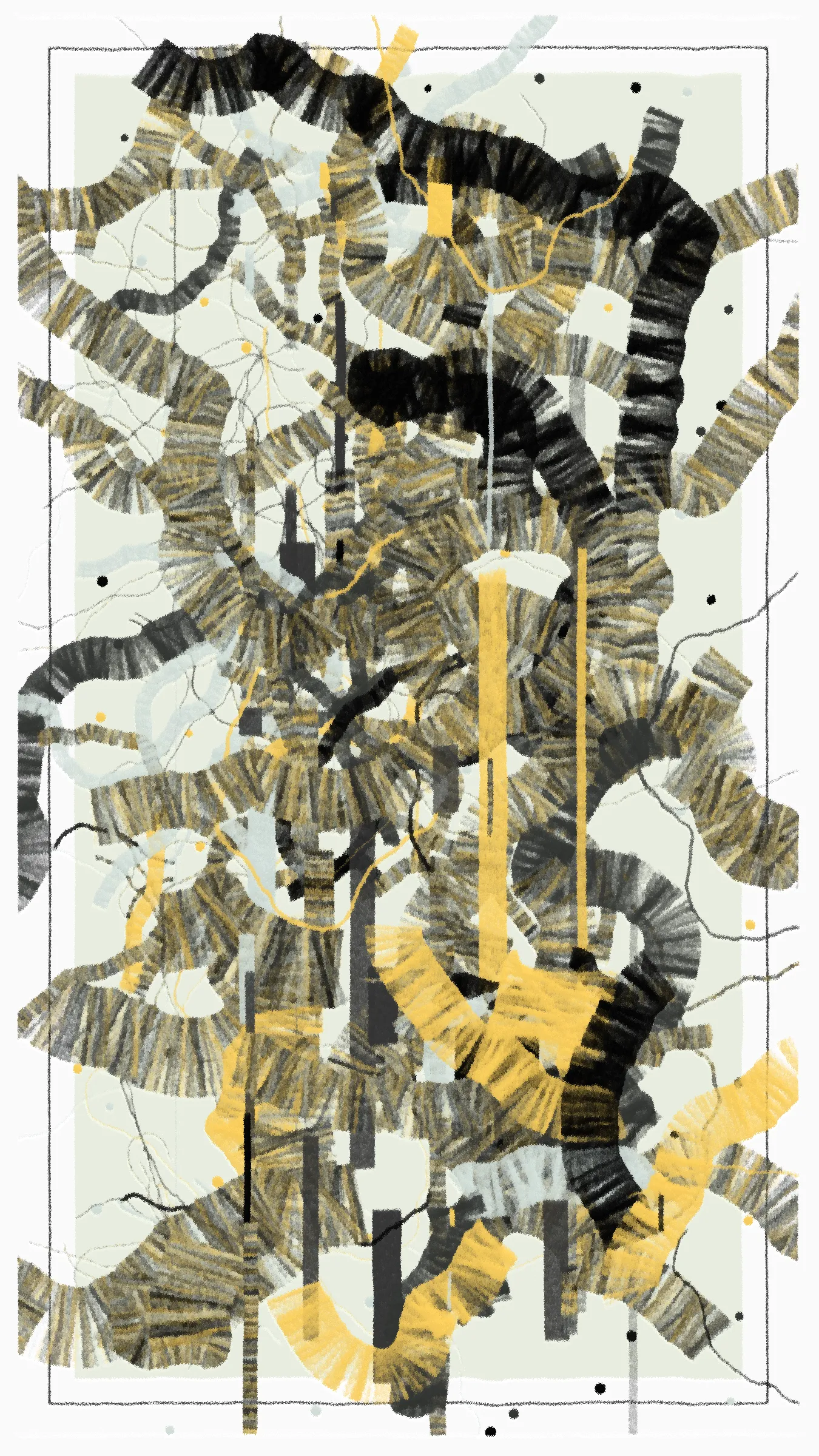 **"aaa"** is a generative art system inspired by abstract artists such as *Jackson Pollock*, *Brice Marden*, and *Kazimir Malevich*. Abstract art appeals to me over other forms because it compels the viewer to use their imagination. You could argue that this art form is like a mirror, a pieces perception being reflective of it’s observer. Similar to how red can symbolize anger, love, and danger. An abstract piece can evoke a multitude of feelings. I believe this to be a unique value of abstract art.

While a human can choose a colour to communicate a feeling, a machine lacks the cognitive ability to do so. Therefore, the program uses randomized probabilities in an attempt to create a wide array of styles. I have taken reference from the drawing styles of *K Malevich*, *Piet Mondrian*, *Brice Marden*, and *Joan Mitchell*. The styles demonstrated by these artists range from symmetric to loose and erratic, combined with 32 colour palettes compiled through experimentation and inspiration.

S - save image
Space - pause animation

Best viewed in 9:16 aspect ratio.
This original generative art was created with code.
*© 2023 fingacode*
