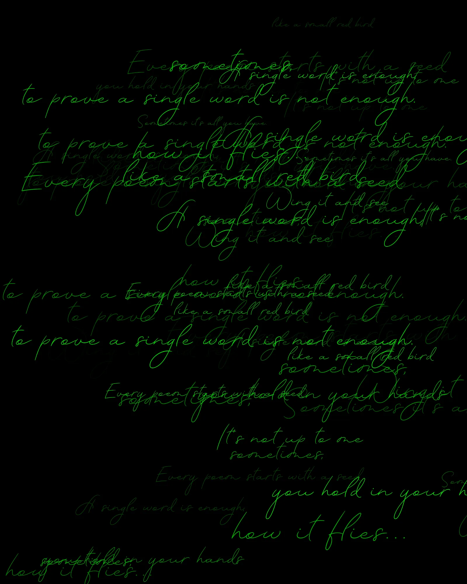100-line generative poem written by Pushcart-nominated poet Sasha Stiles and her AI-powered alter ego, Technelegy – a custom text generator rooted in GPT that Stiles has been training and collaborating with since 2018. This poem was written line by line, token by token, using p5.js as the page. Starting from Edition 1 – the title – each subsequent edition represents the growth and accretion of the poem from lines 0 through 100, with the final edition containing the entire text.