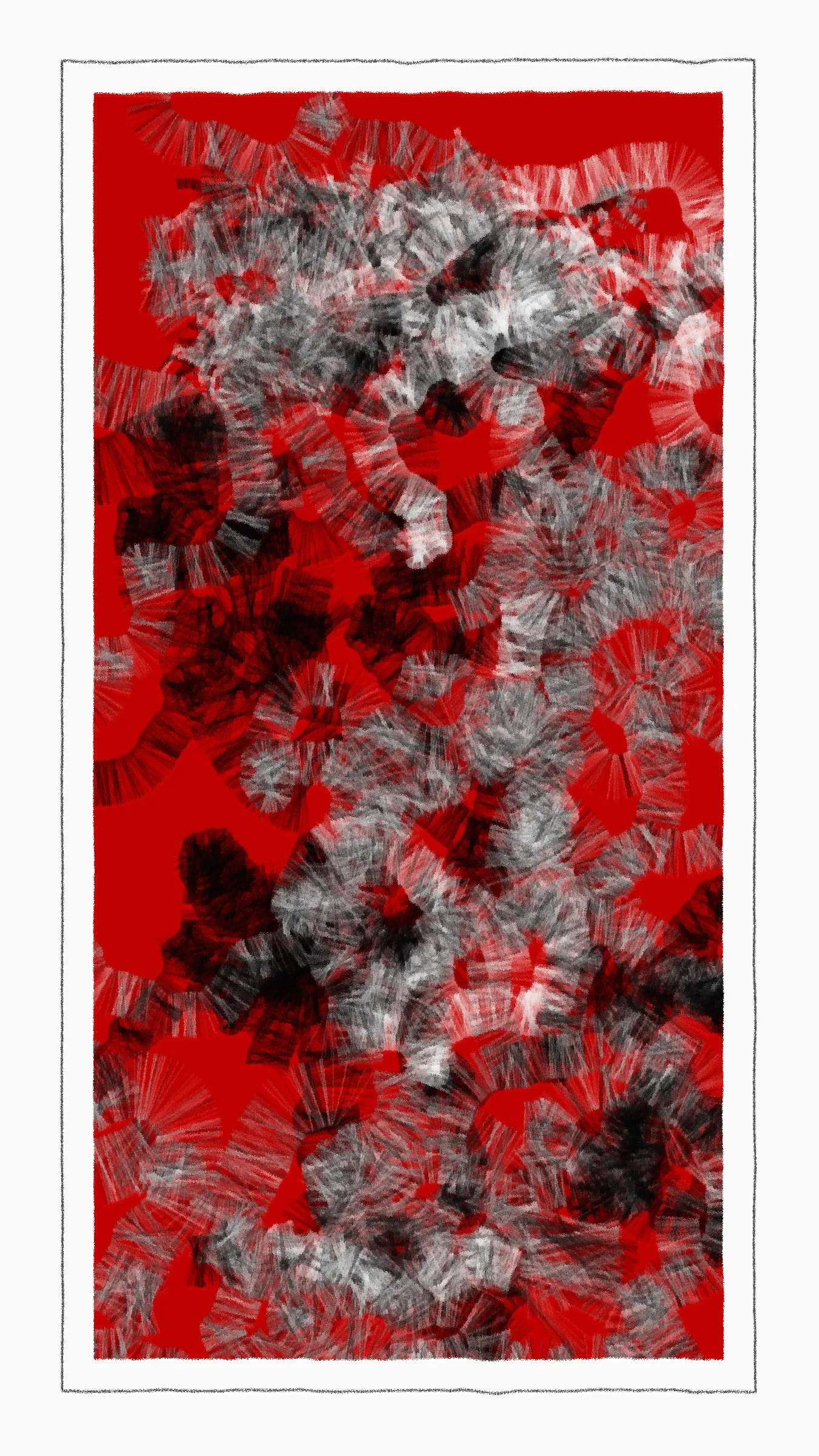 **"aaa"** is a generative art system inspired by abstract artists such as *Jackson Pollock*, *Brice Marden*, and *Kazimir Malevich*. Abstract art appeals to me over other forms because it compels the viewer to use their imagination. You could argue that this art form is like a mirror, a pieces perception being reflective of it’s observer. Similar to how red can symbolize anger, love, and danger. An abstract piece can evoke a multitude of feelings. I believe this to be a unique value of abstract art.

While a human can choose a colour to communicate a feeling, a machine lacks the cognitive ability to do so. Therefore, the program uses randomized probabilities in an attempt to create a wide array of styles. I have taken reference from the drawing styles of *K Malevich*, *Piet Mondrian*, *Brice Marden*, and *Joan Mitchell*. The styles demonstrated by these artists range from symmetric to loose and erratic, combined with 32 colour palettes compiled through experimentation and inspiration.

S - save image
Space - pause animation

Best viewed in 9:16 aspect ratio.
This original generative art was created with code.
*© 2023 fingacode*