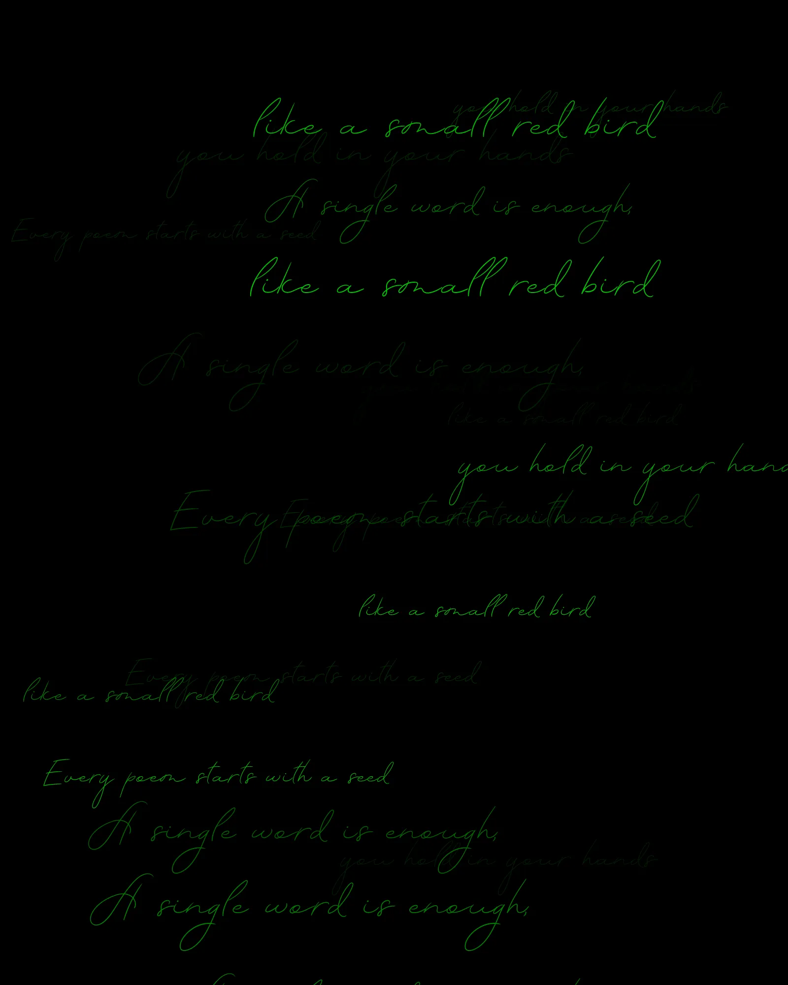 100-line generative poem written by Pushcart-nominated poet Sasha Stiles and her AI-powered alter ego, Technelegy – a custom text generator rooted in GPT that Stiles has been training and collaborating with since 2018. This poem was written line by line, token by token, using p5.js as the page. Starting from Edition 1 – the title – each subsequent edition represents the growth and accretion of the poem from lines 0 through 100, with the final edition containing the entire text.